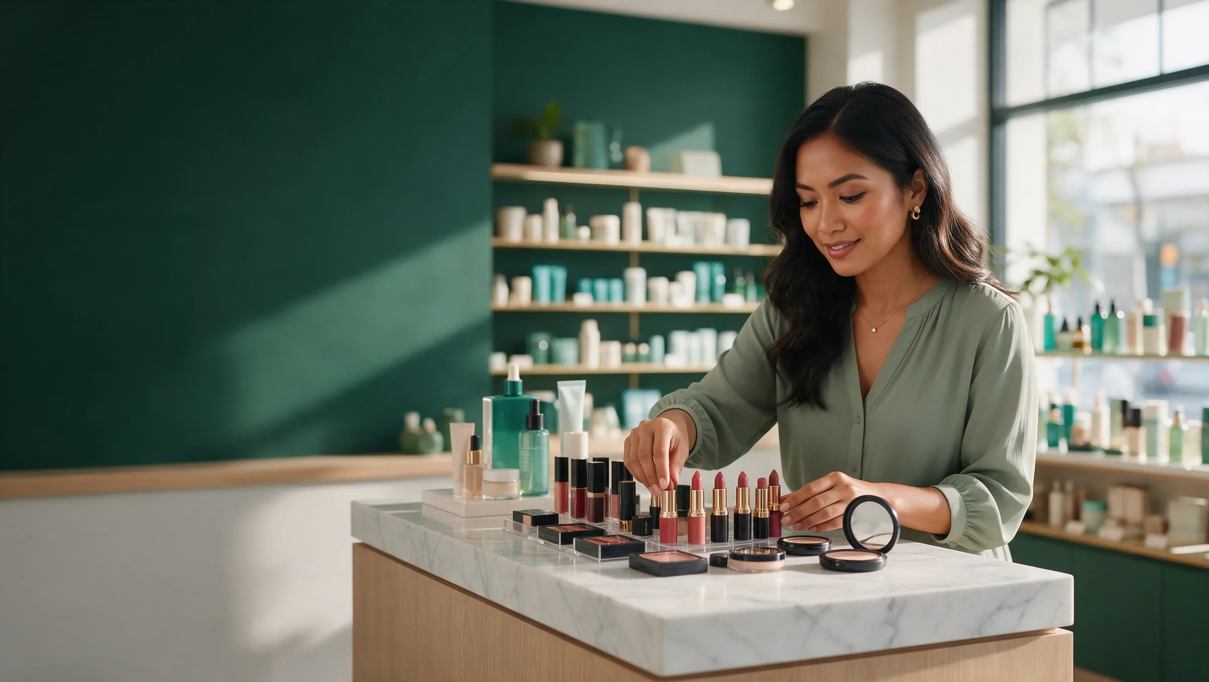 Beauty boutique owner arranging lipsticks on her store counter, an example of multi-channel retail ecommerce