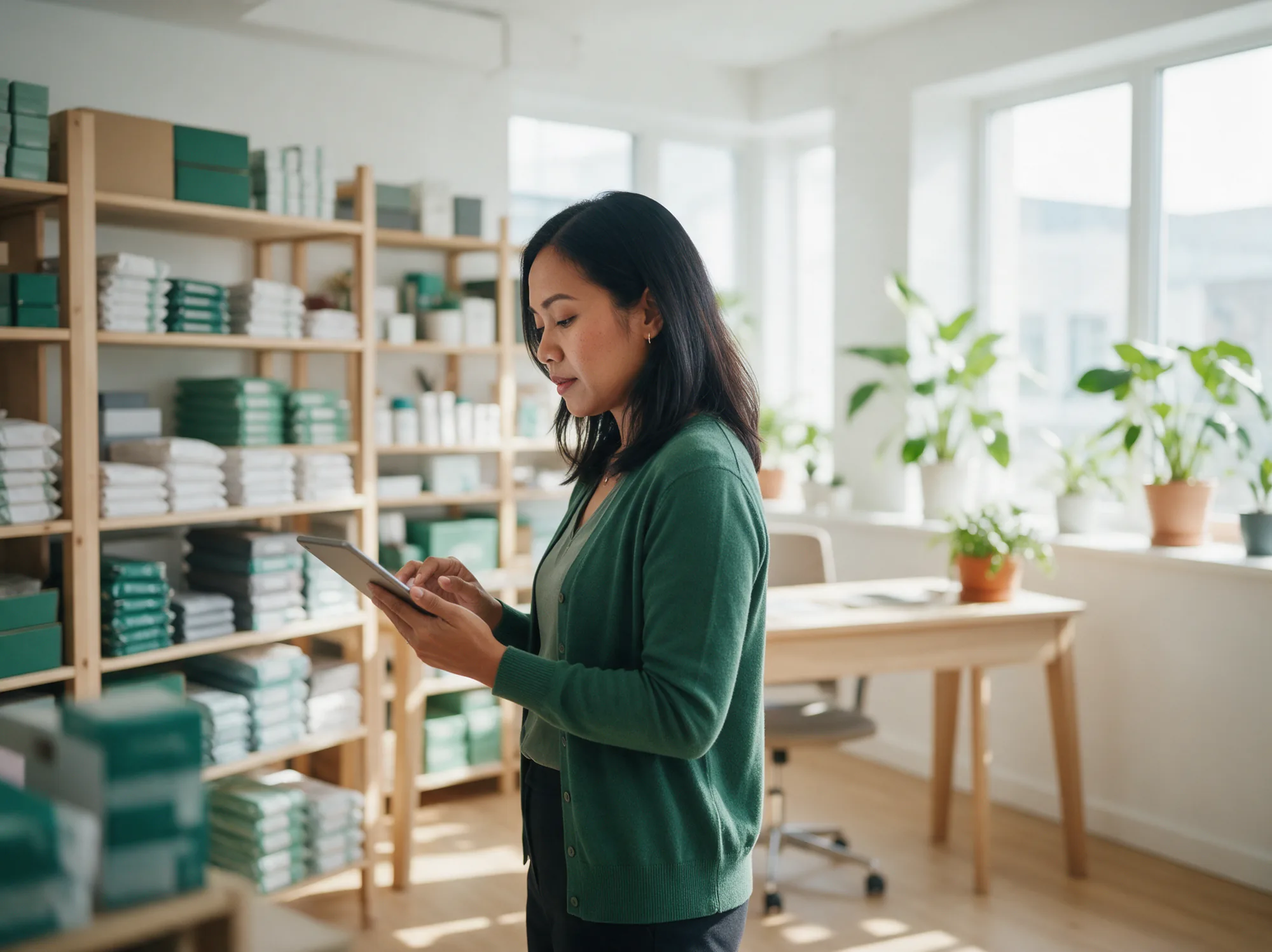 Operations manager checking stock on a tablet in a bright retail back office