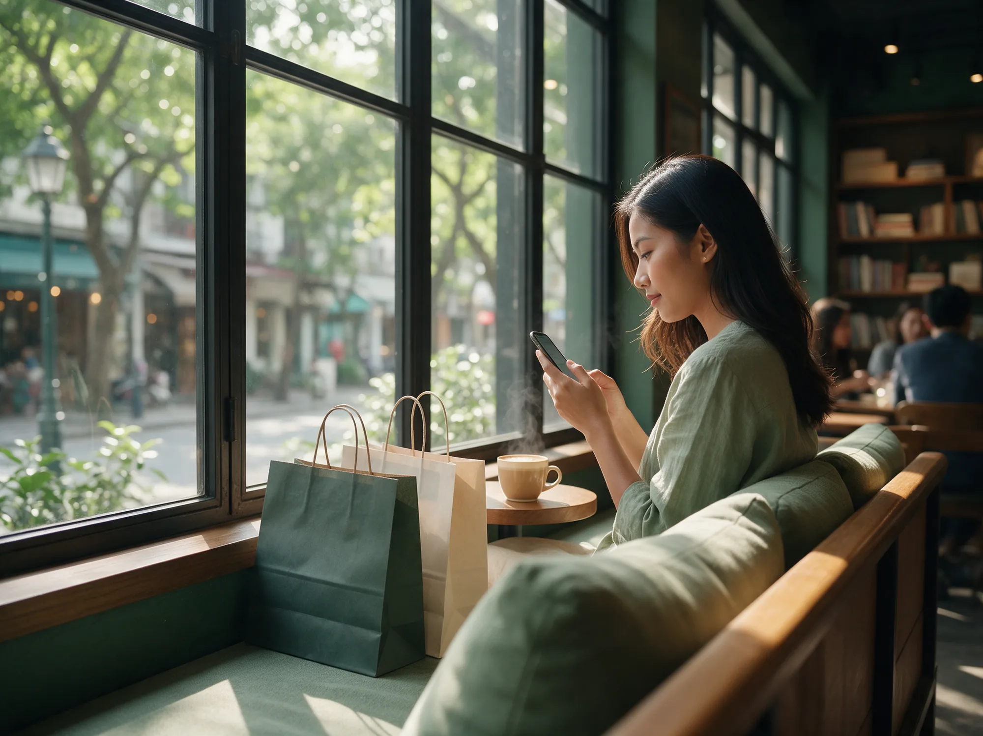 Shopper with shopping bags browsing a store on her phone in a cafe