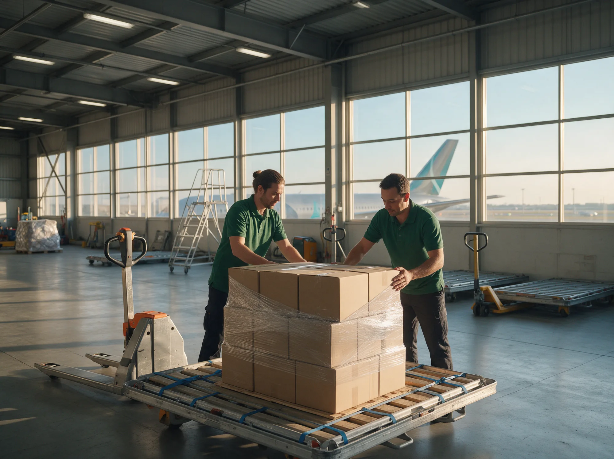 Logistics staff loading parcels onto an air cargo pallet for international orders