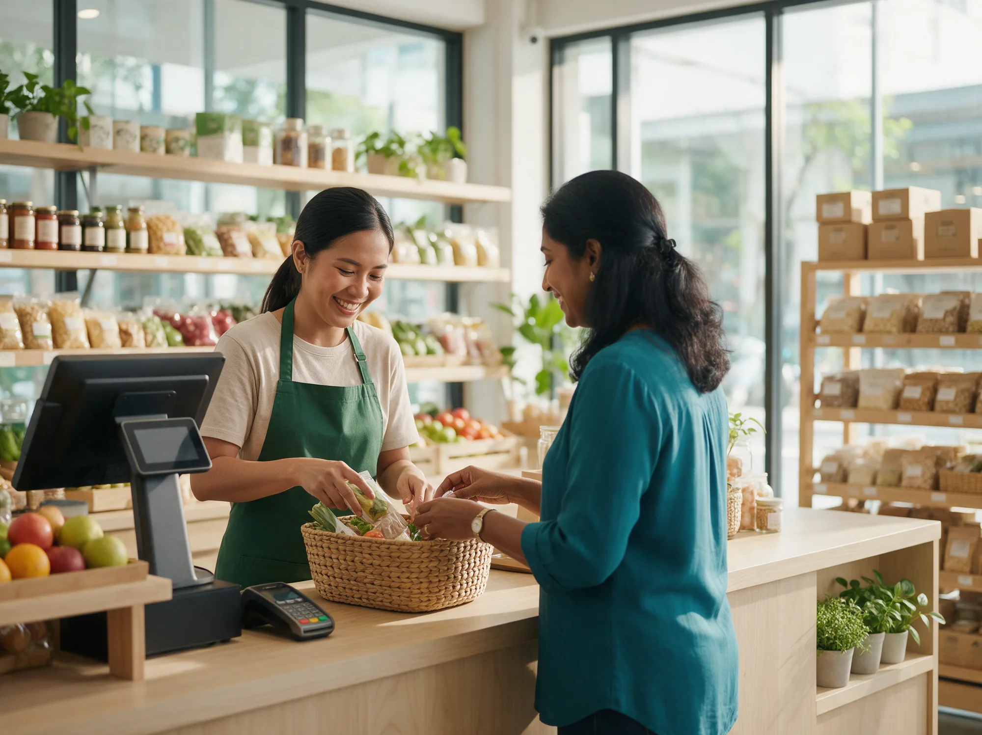 Cashier scanning a customer's basket at a lifestyle grocery store counter