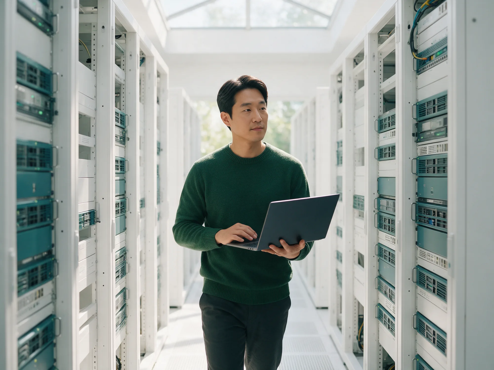 IT security lead walking through a bright server room with a laptop