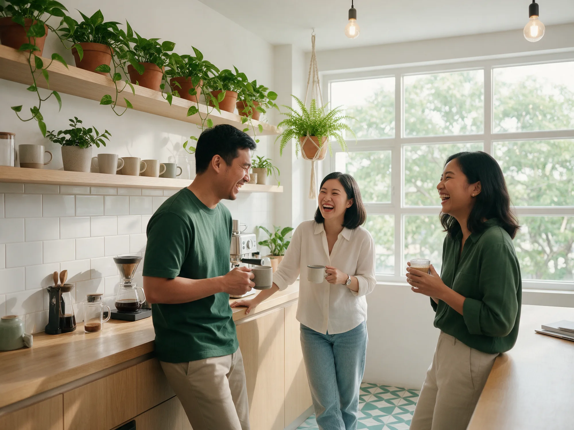 Ecommerce team sharing coffee and a laugh in a sunlit office kitchen