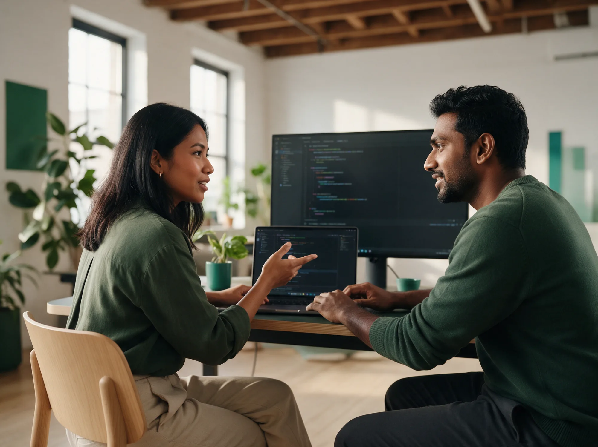 Two developers pair programming at a shared desk