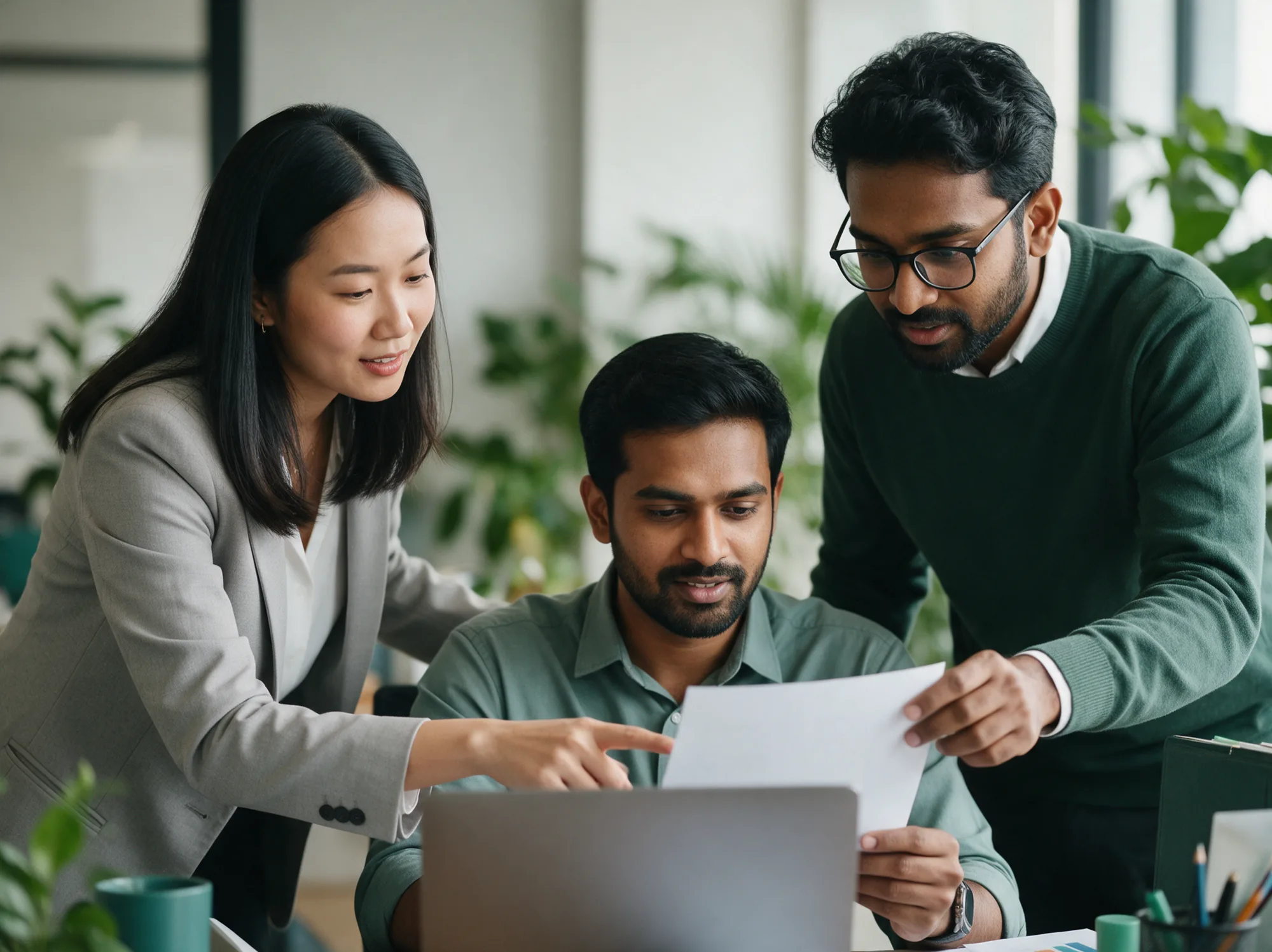 Finance team reconciling month-end figures together in a bright office