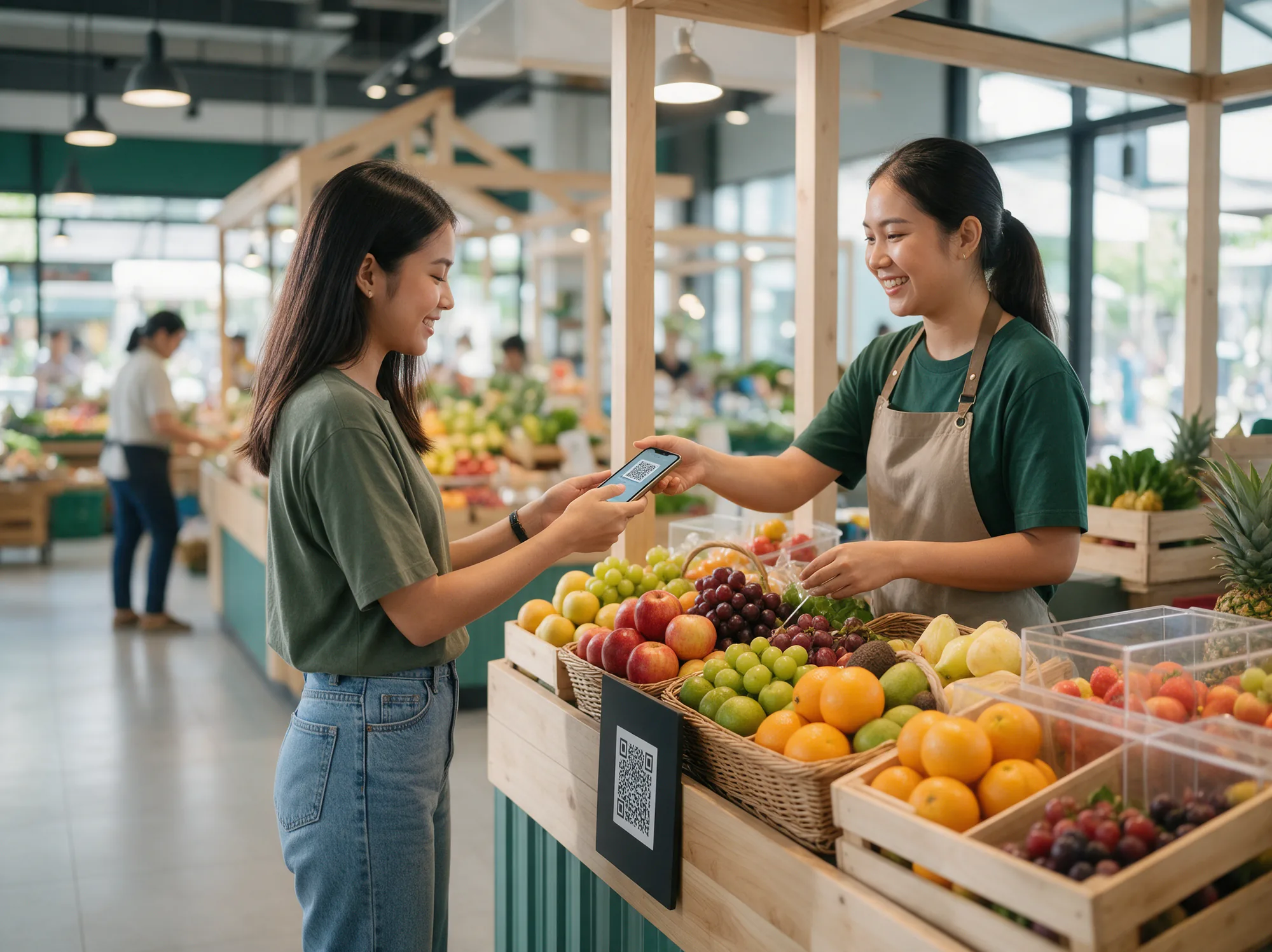 Customer paying with a phone QR code at a market stall