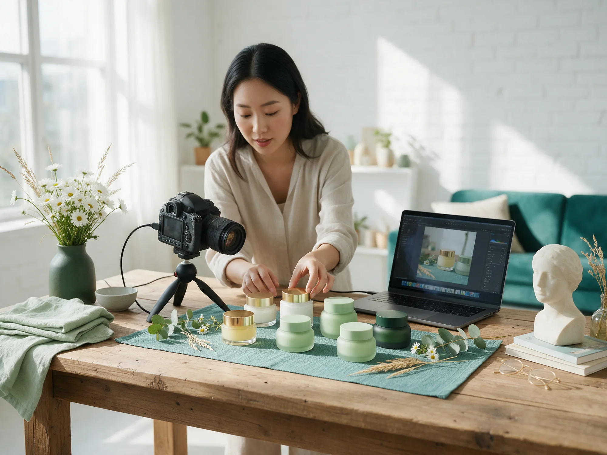 Product content specialist preparing product photos and details at a studio table
