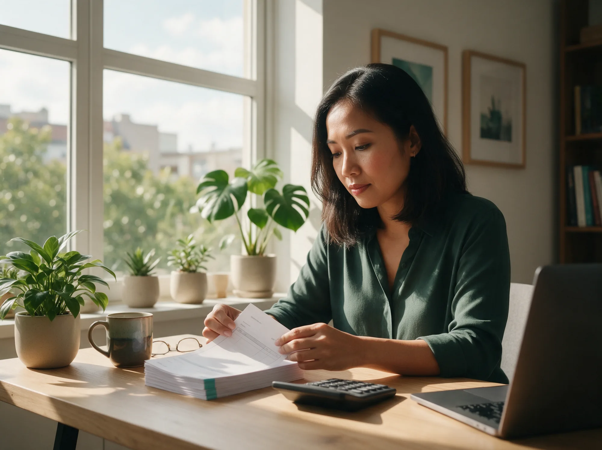 Accountant checking invoices at her desk with a calculator