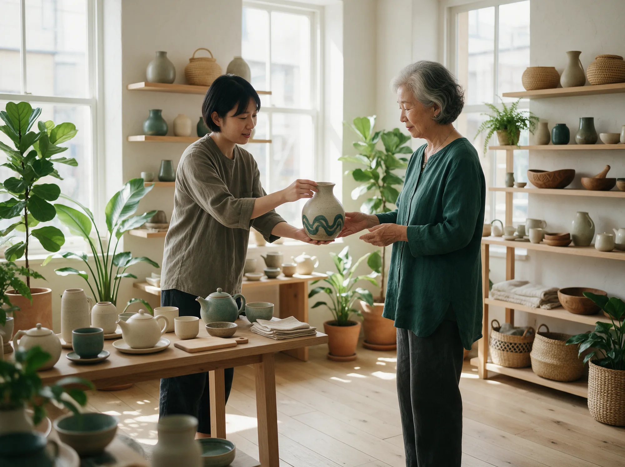 Sales associate showing a ceramic vase to a member before the boutique opens