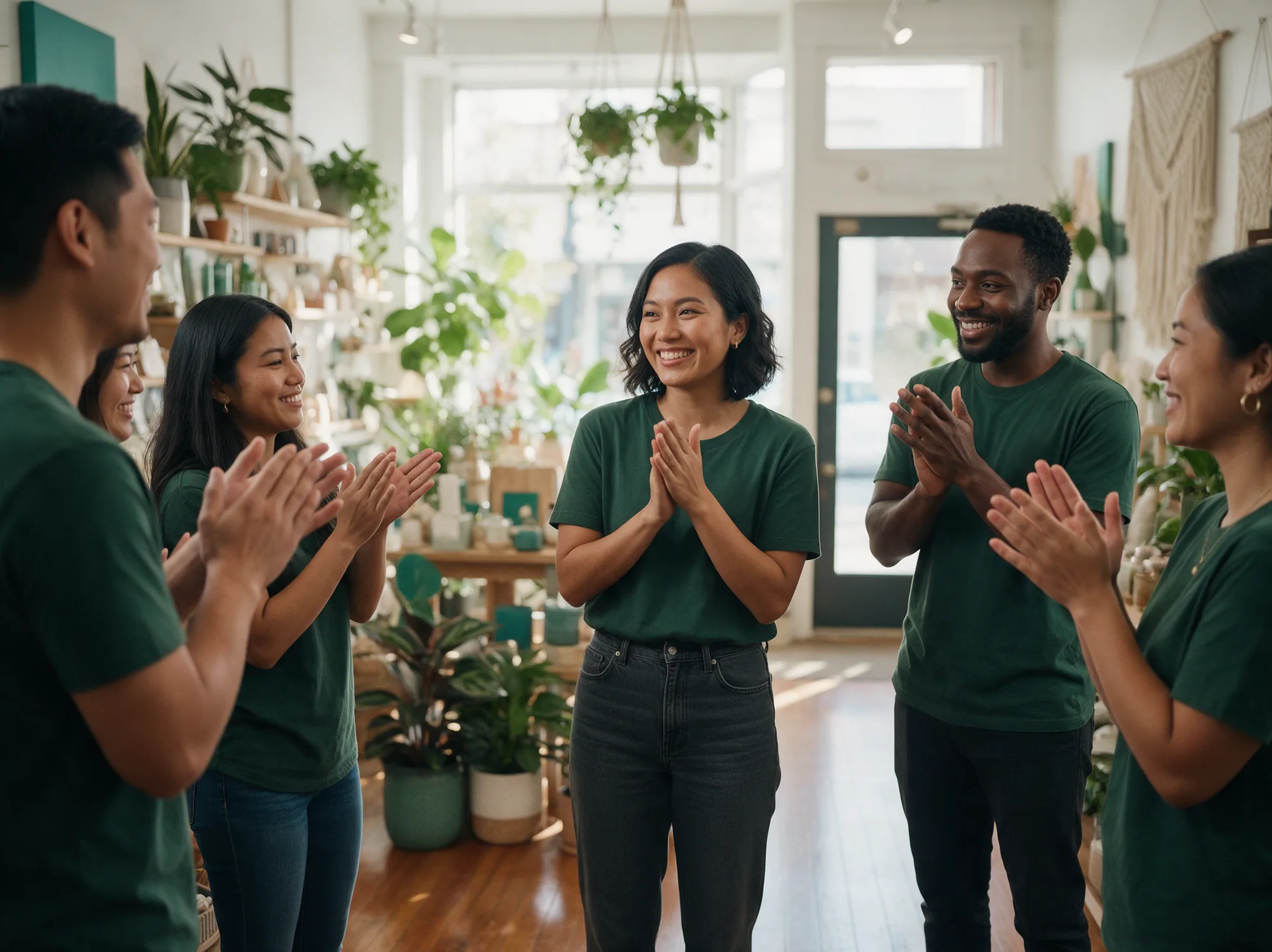 Store team applauding a colleague during a morning huddle on the shop floor