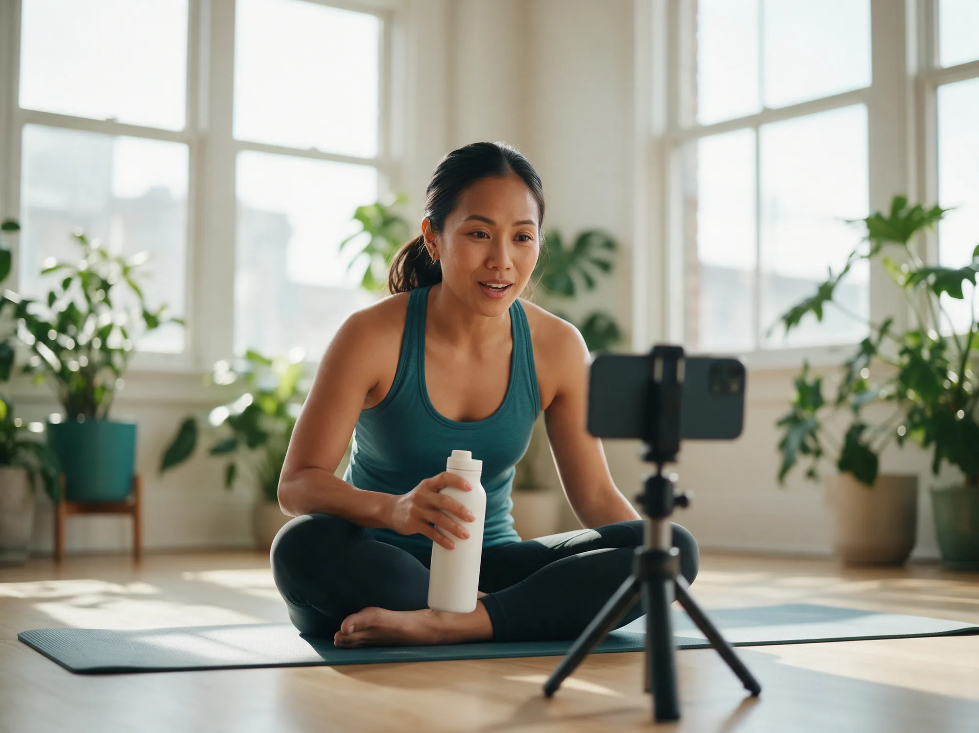 Fitness creator filming a product review on her phone in a sunny yoga studio