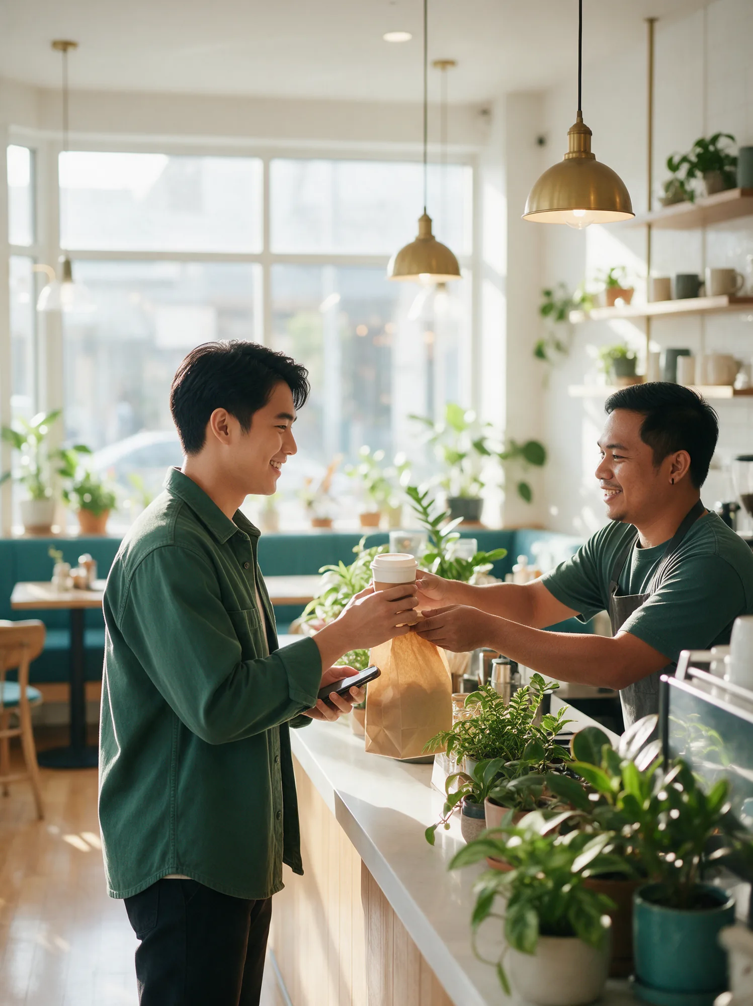 Loyalty member collecting his coffee and bakery order from a smiling barista at a cafe counter