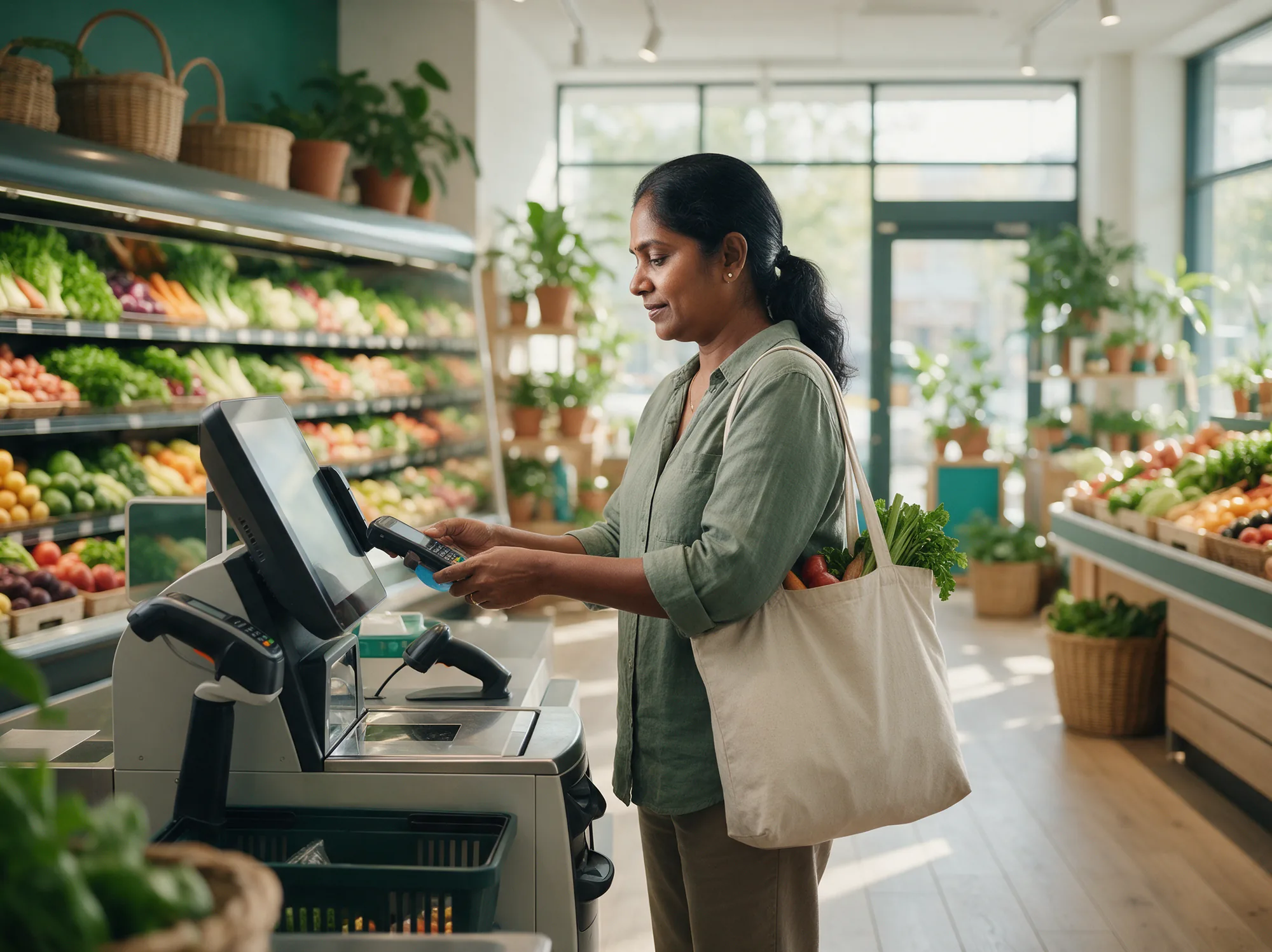 Shopper paying at a self-checkout in a bright grocery store