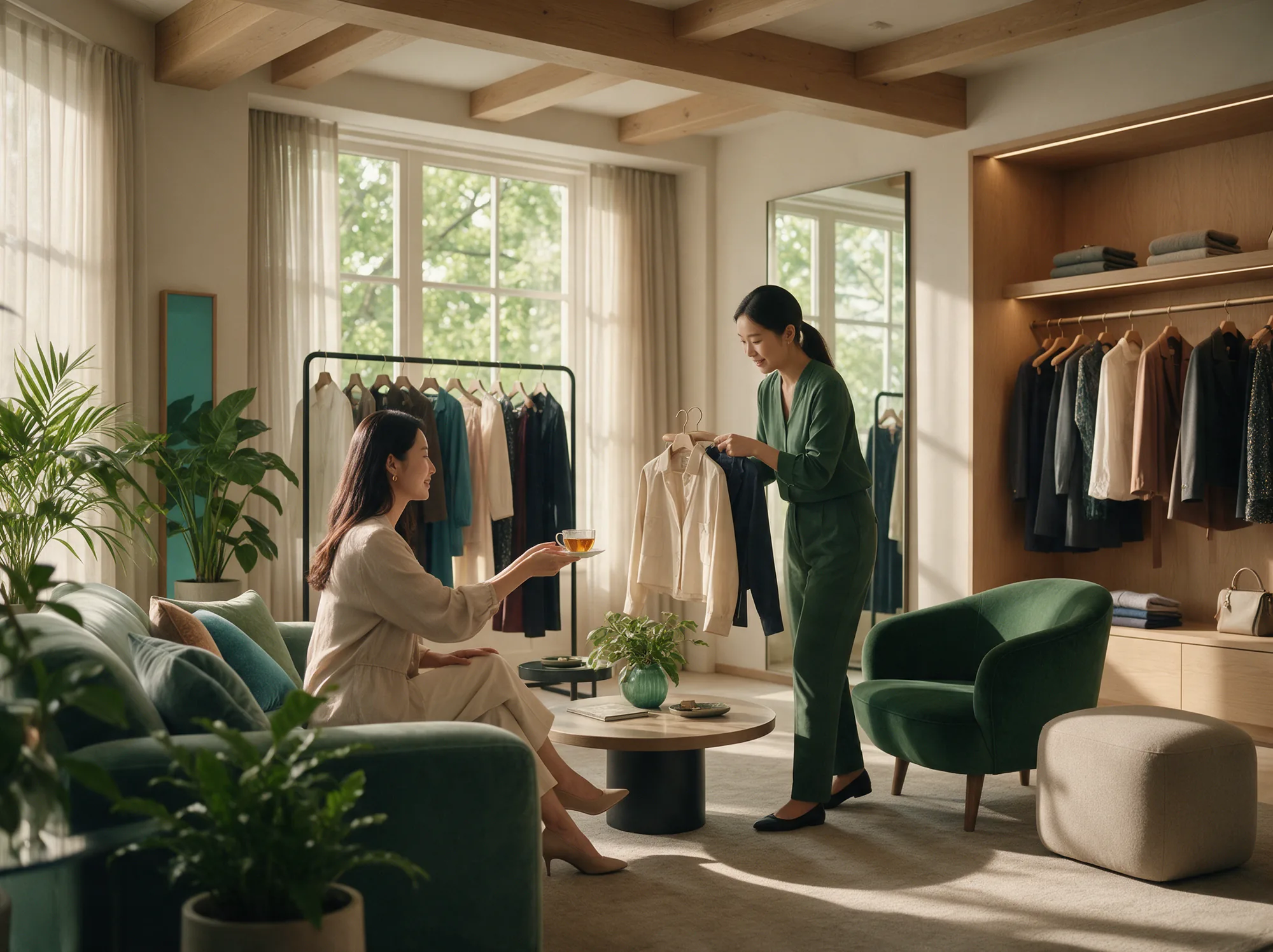 Gold member welcomed with tea in a private styling lounge at a fashion boutique