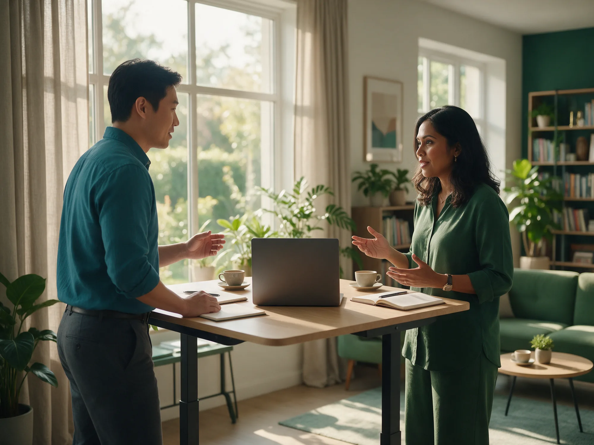 Two ecommerce marketers discussing marketplace ad results at a standing desk