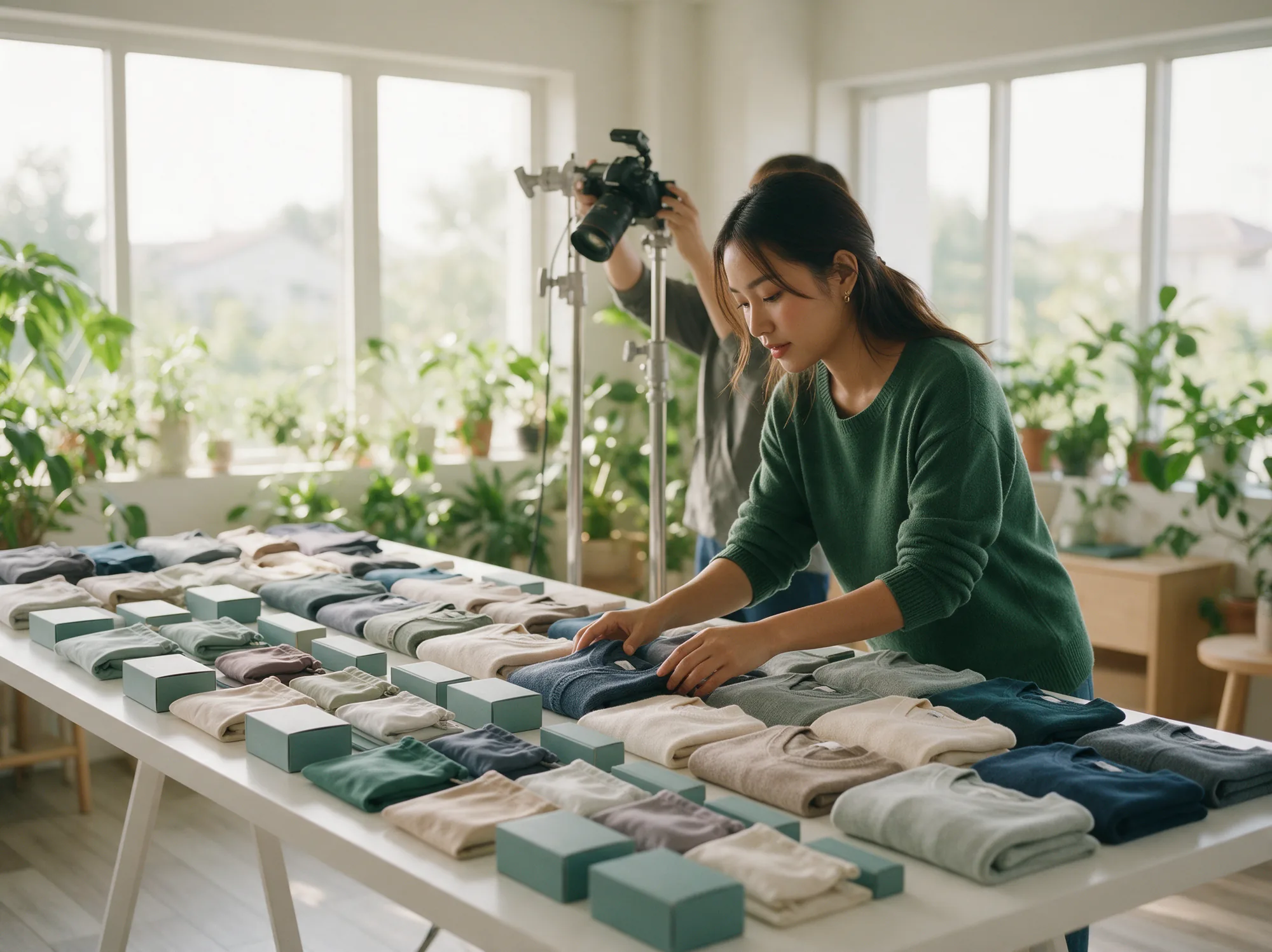 Catalog team laying out apparel products in rows and photographing them for bulk marketplace listings