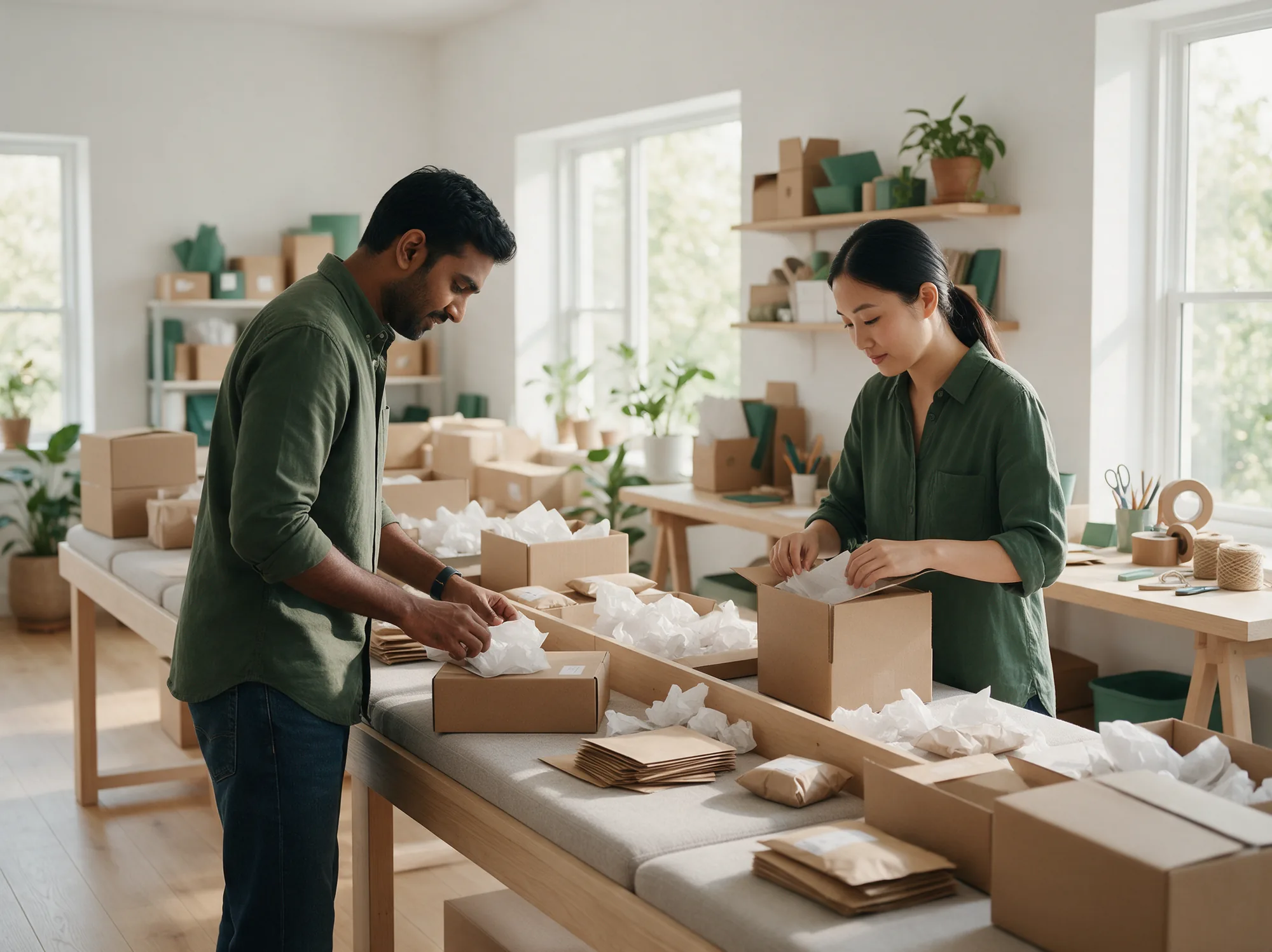Two team members packing marketplace orders side by side at a packing bench