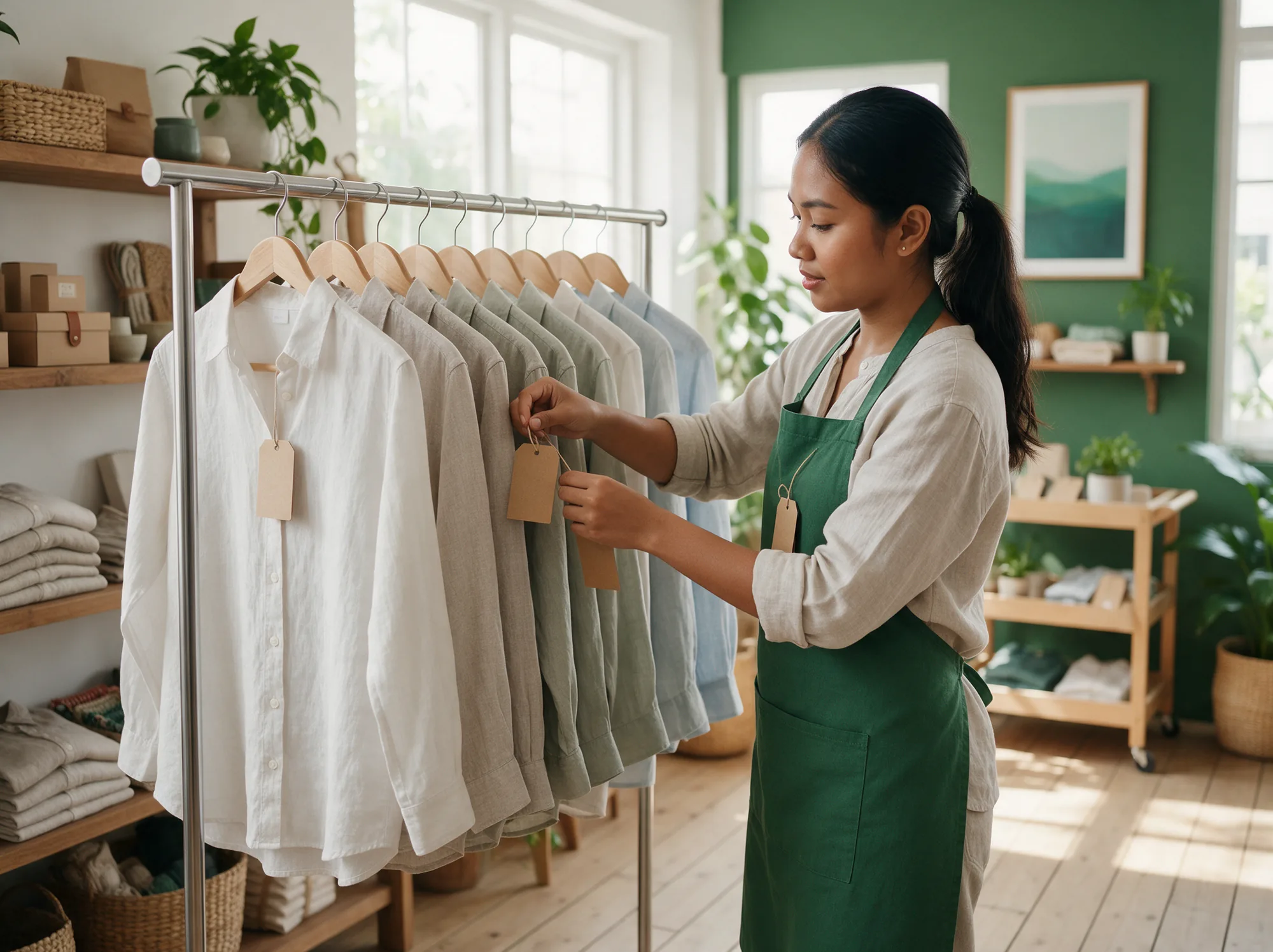 Seller tagging linen shirts on a rail ahead of a marketplace sale campaign