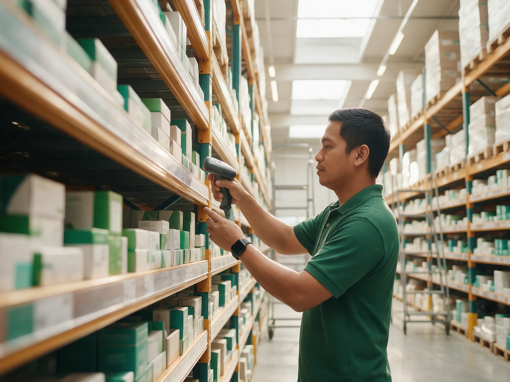 Warehouse worker scanning a shelf bin to update live stock across marketplaces