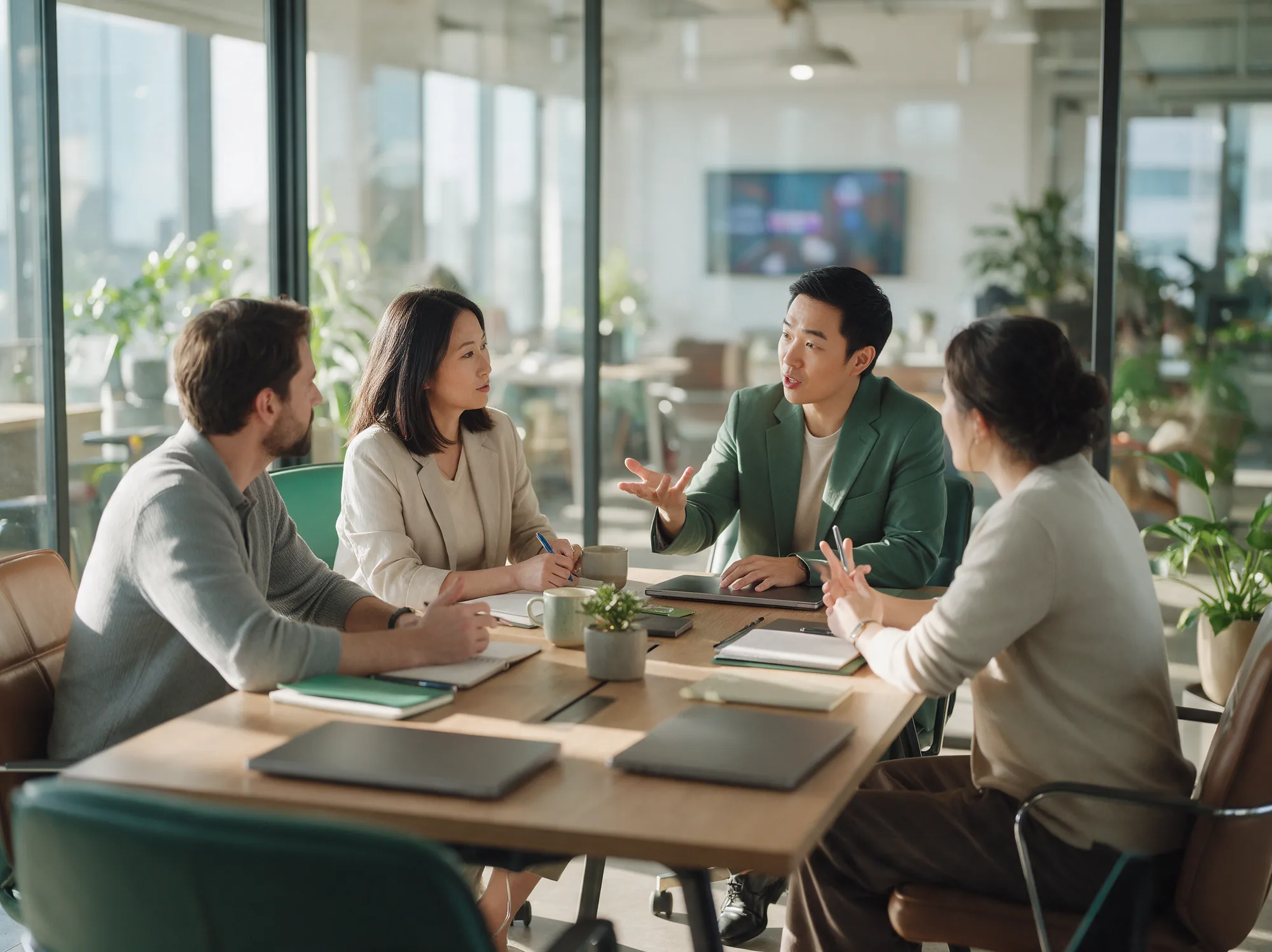Marketing lead talking through marketplace performance with colleagues in a meeting room