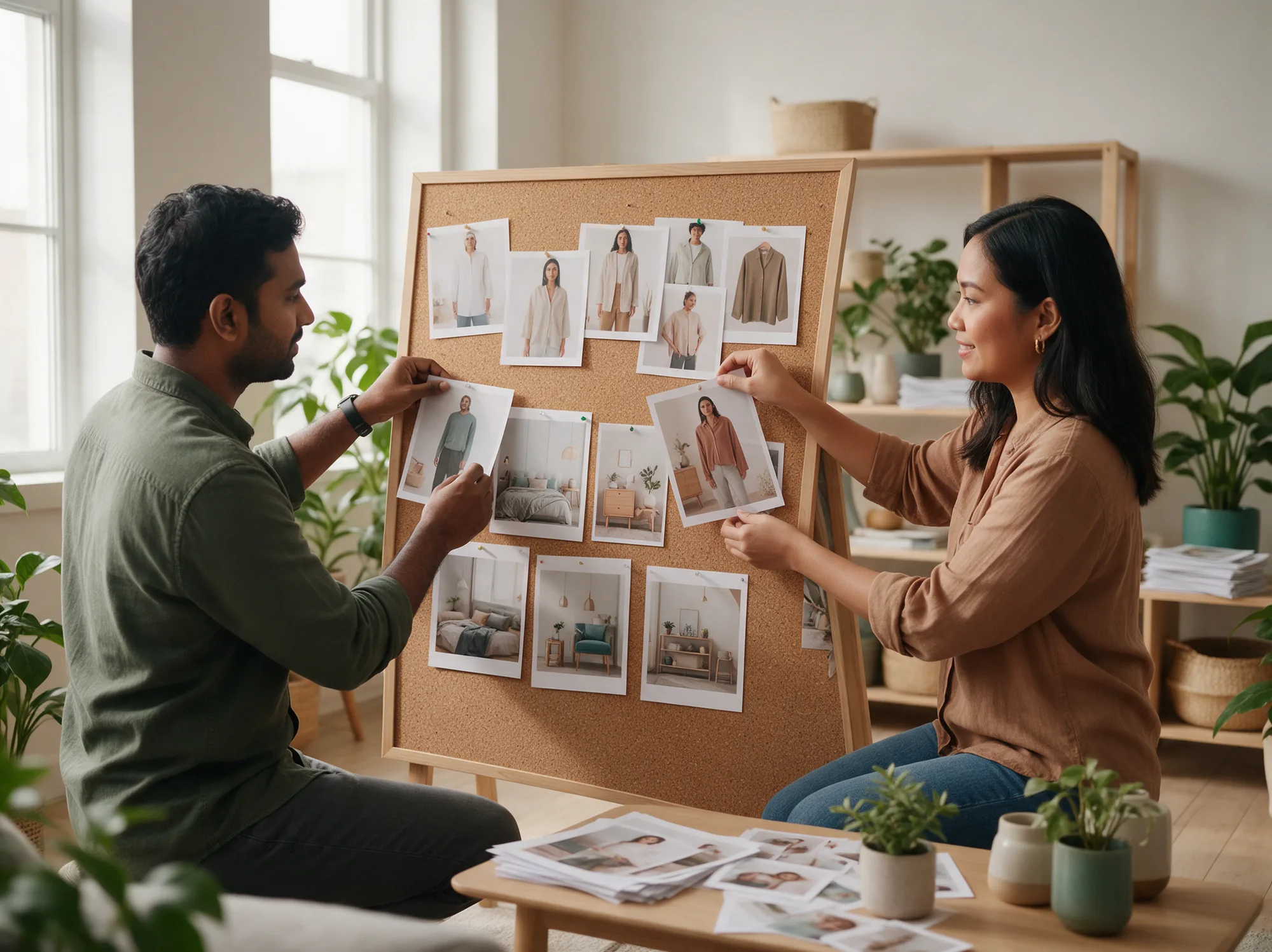 Two content editors choosing product photos on a mood board for listings in several countries