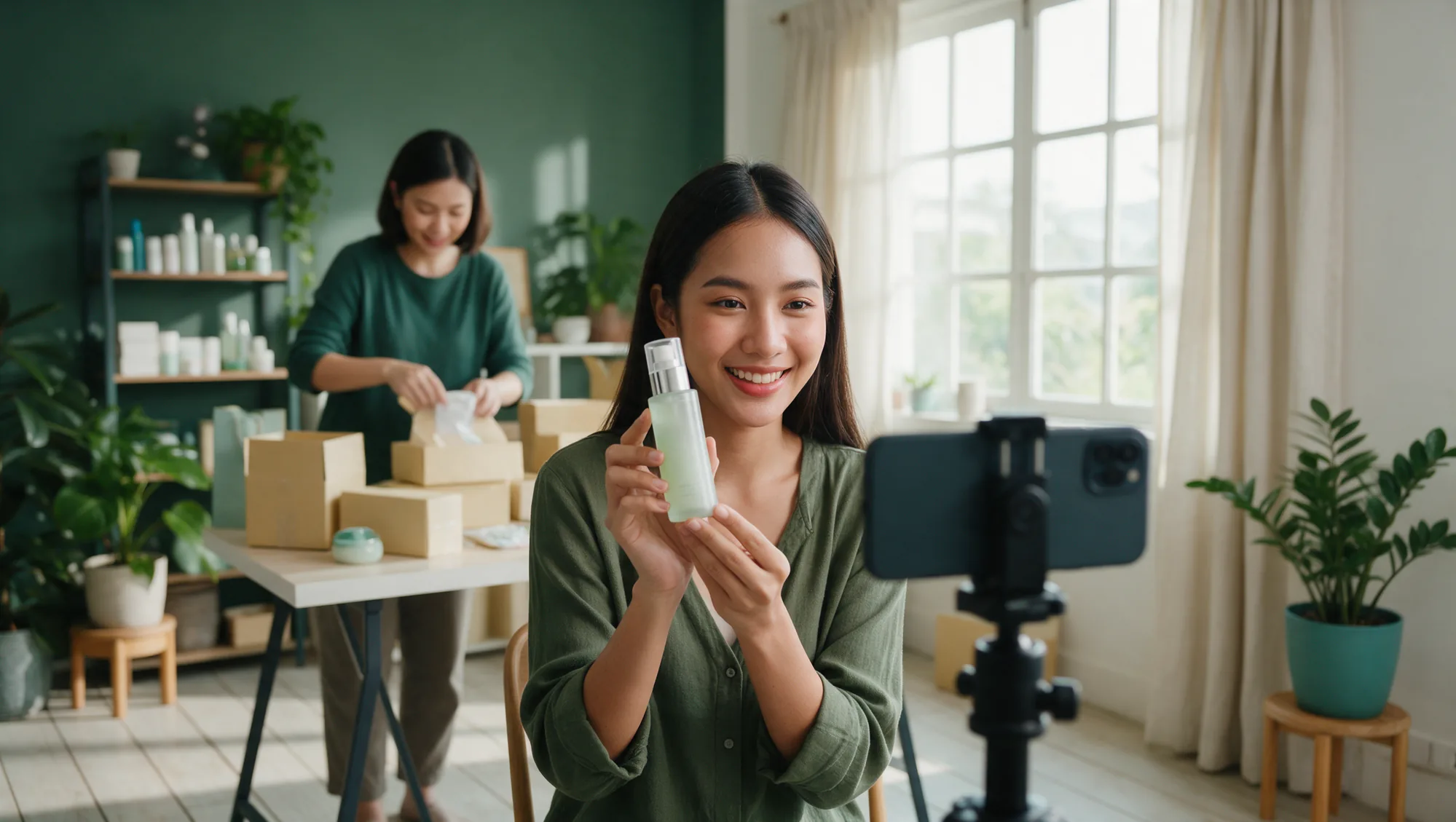Host holding up a skincare bottle during a TikTok Shop live selling session while a colleague packs orders