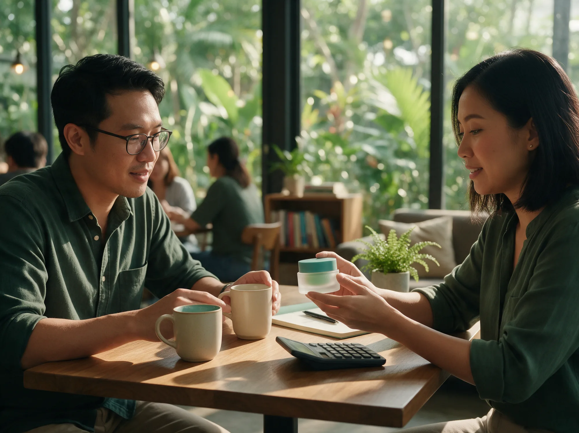 Two co-founders comparing product samples and pricing at a cafe table