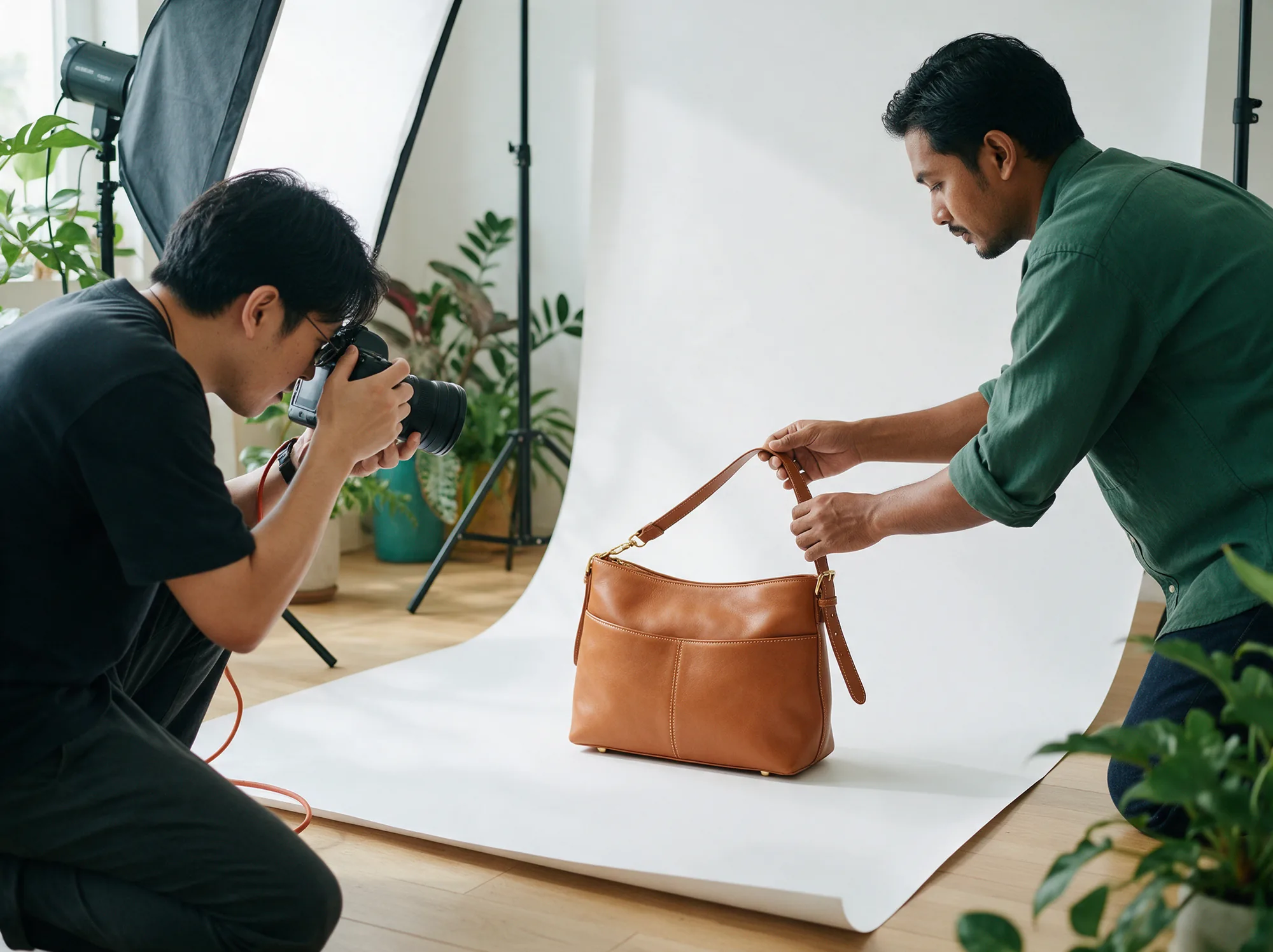 Photographer and stylist shooting a leather handbag on a white backdrop for marketplace listings