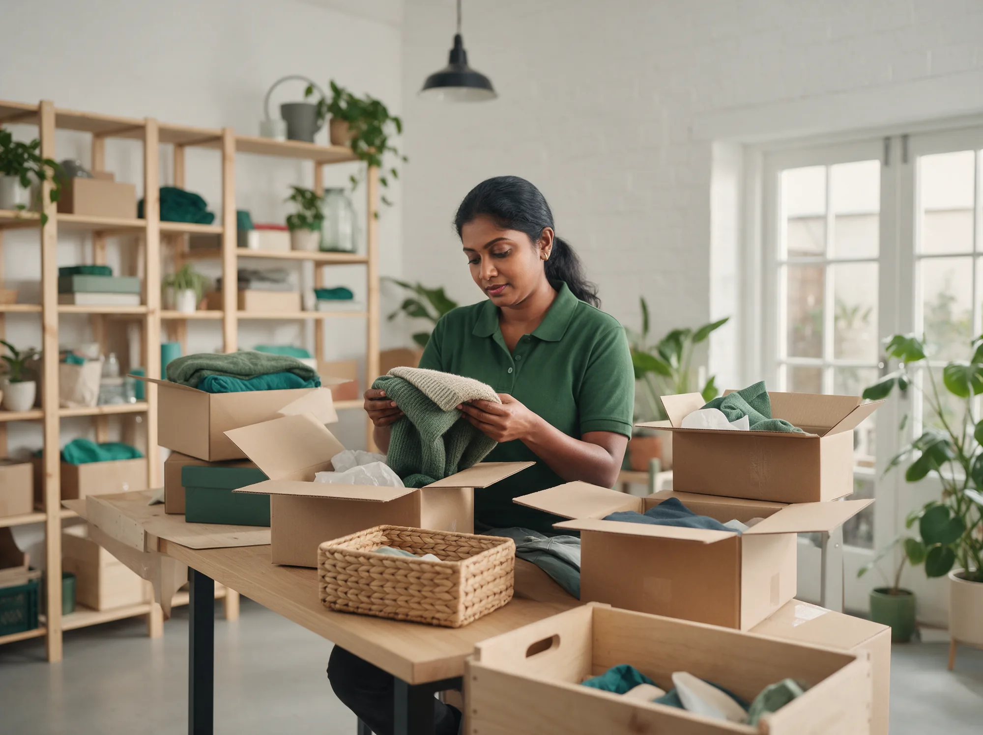 Warehouse team member inspecting a returned knit sweater at a returns bench