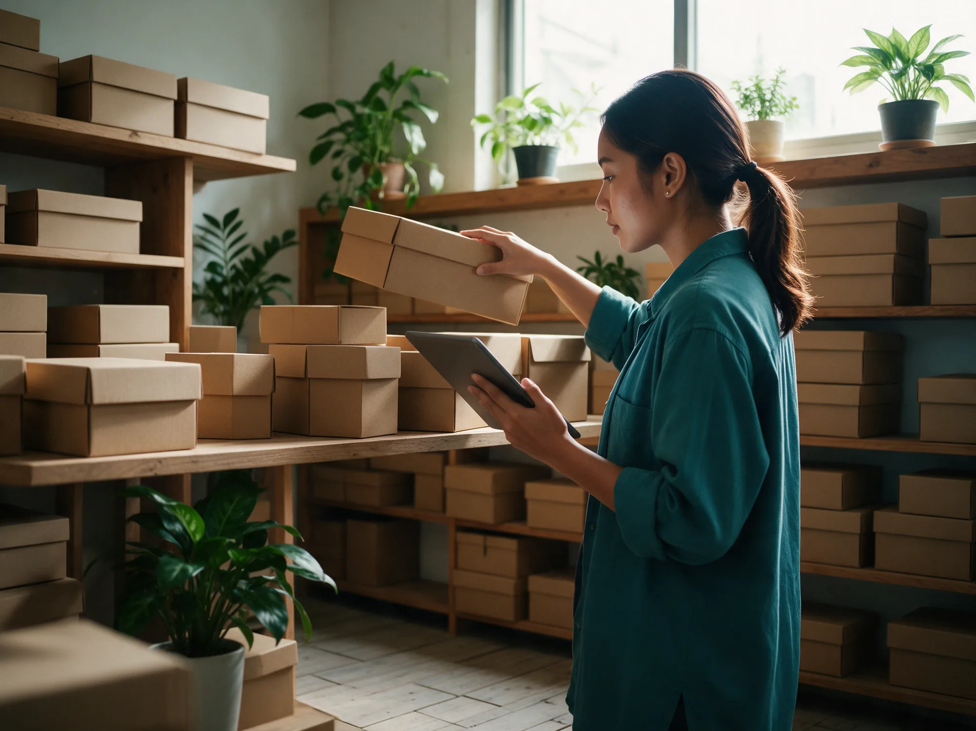 Stockroom team member checking shoe box stock on shelves with a tablet