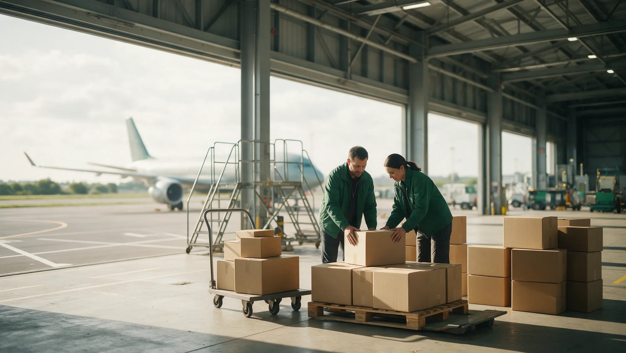 Logistics team loading cartons onto a pallet at an airport cargo terminal for cross-border marketplace orders