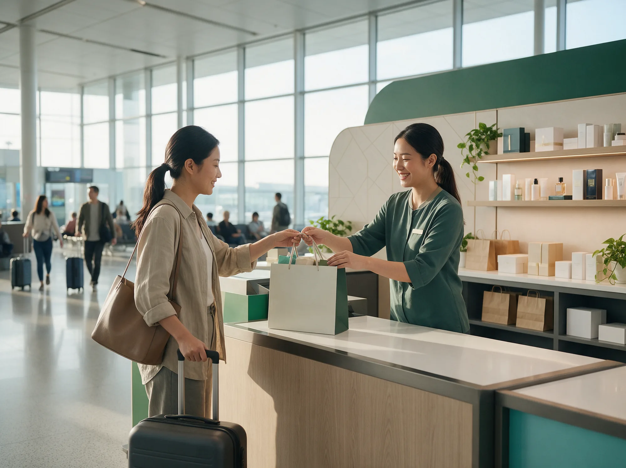 Traveller collecting a pre-ordered shopping bag at an airport pickup counter