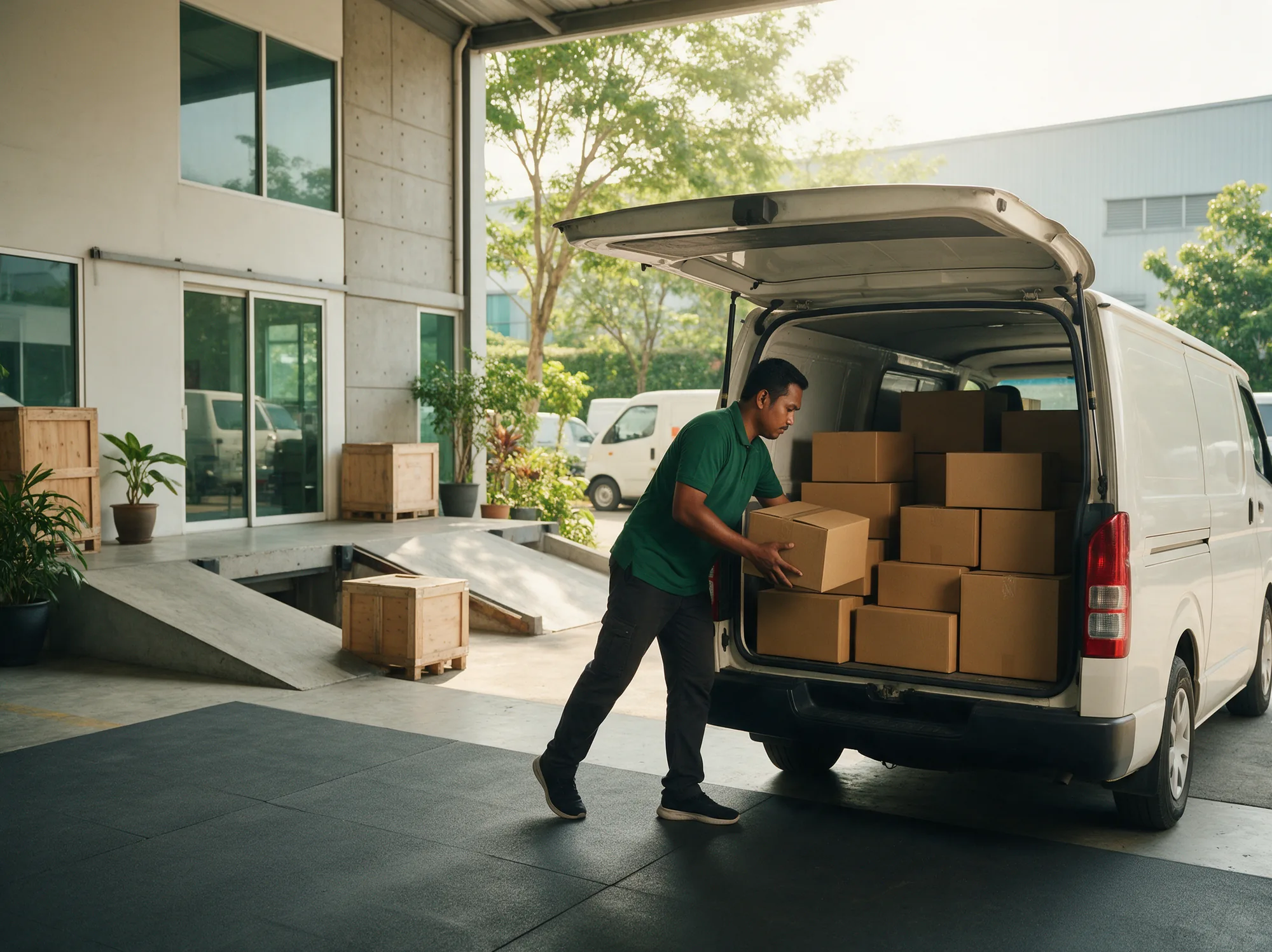 Courier loading parcels into a delivery van