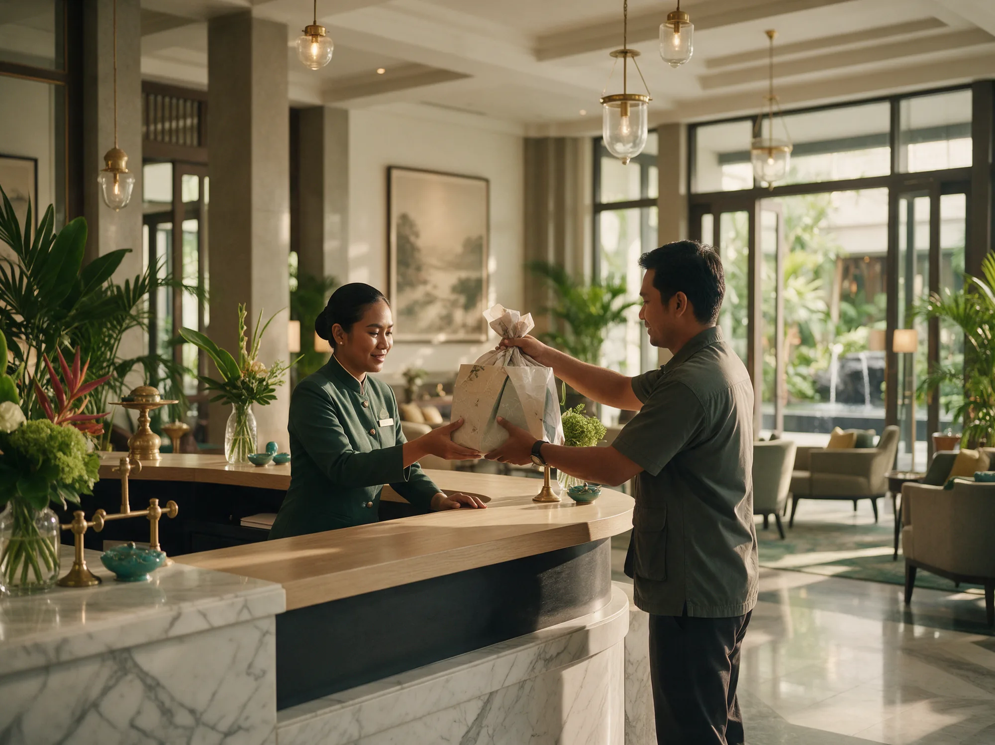 Hotel concierge receiving a shopping delivery for a guest