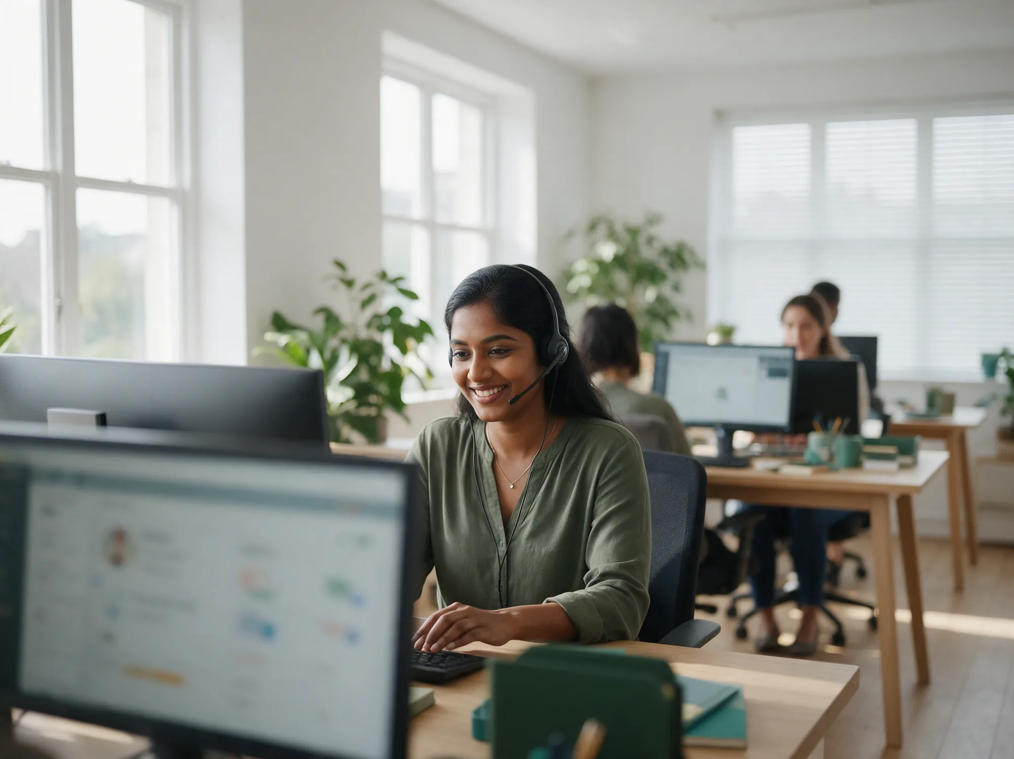 Customer service agent with a headset handling orders at her desk