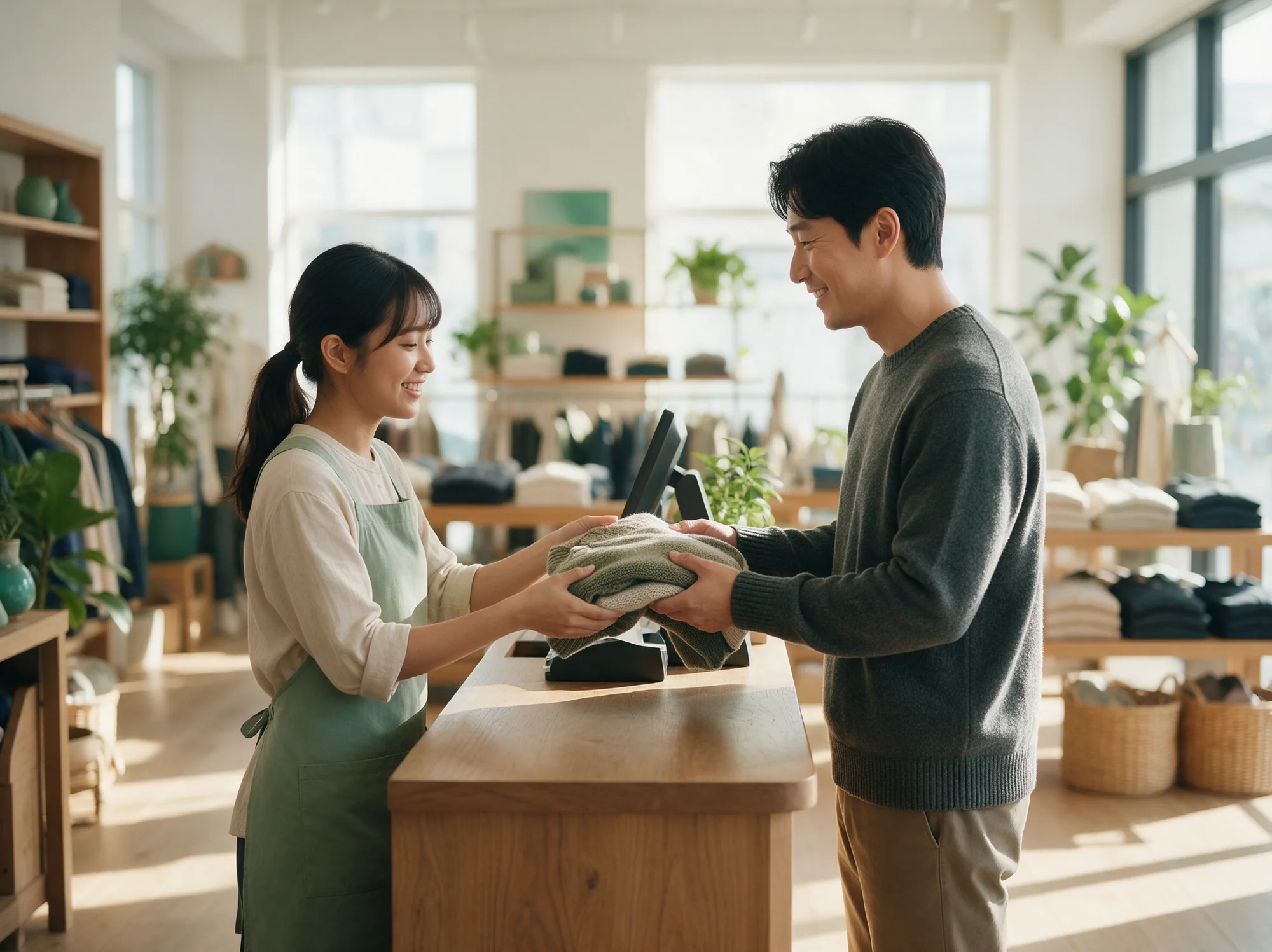 Store assistant processing a customer return at the counter