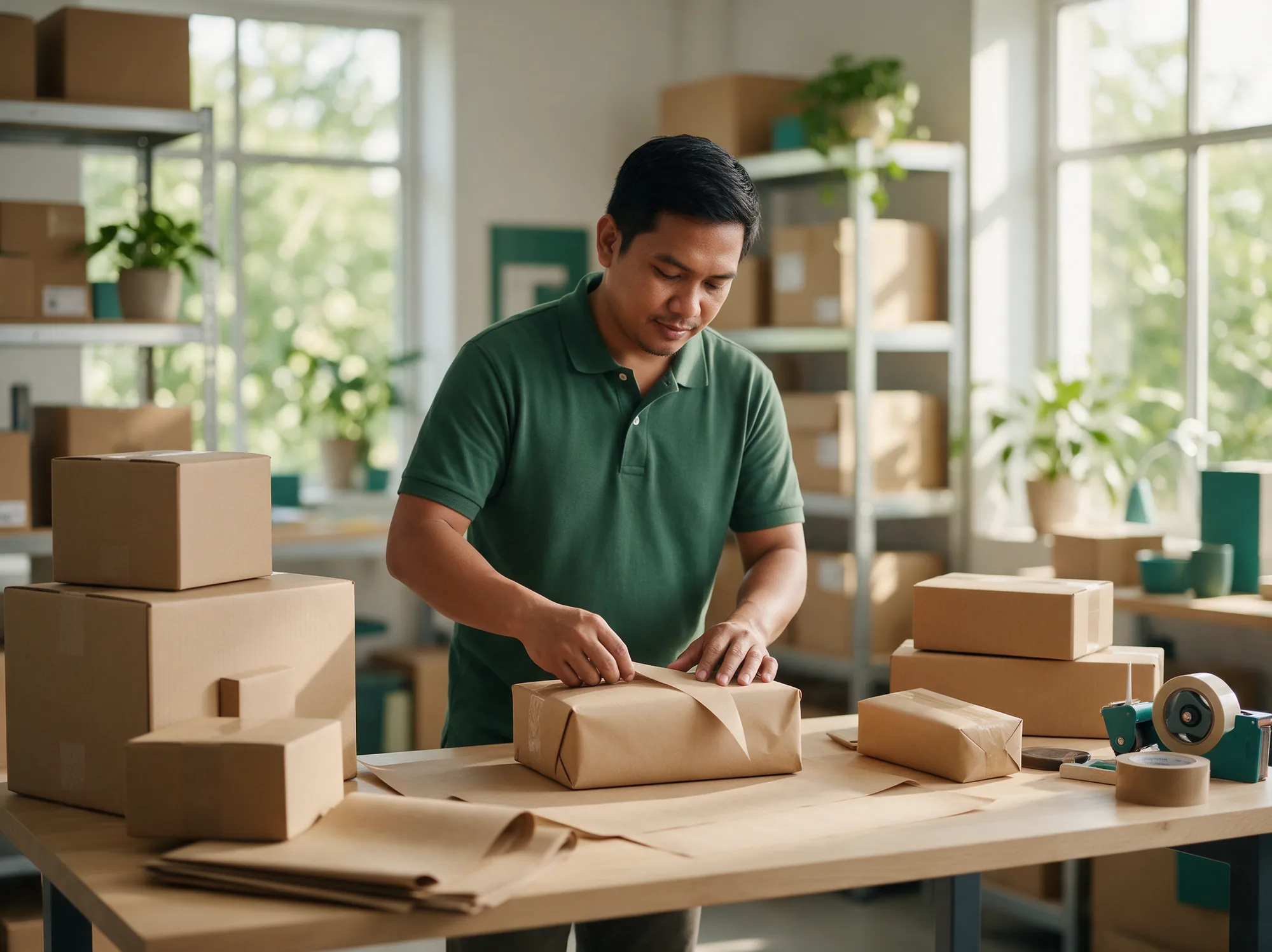 Packer preparing separate parcels from one customer order at a packing bench