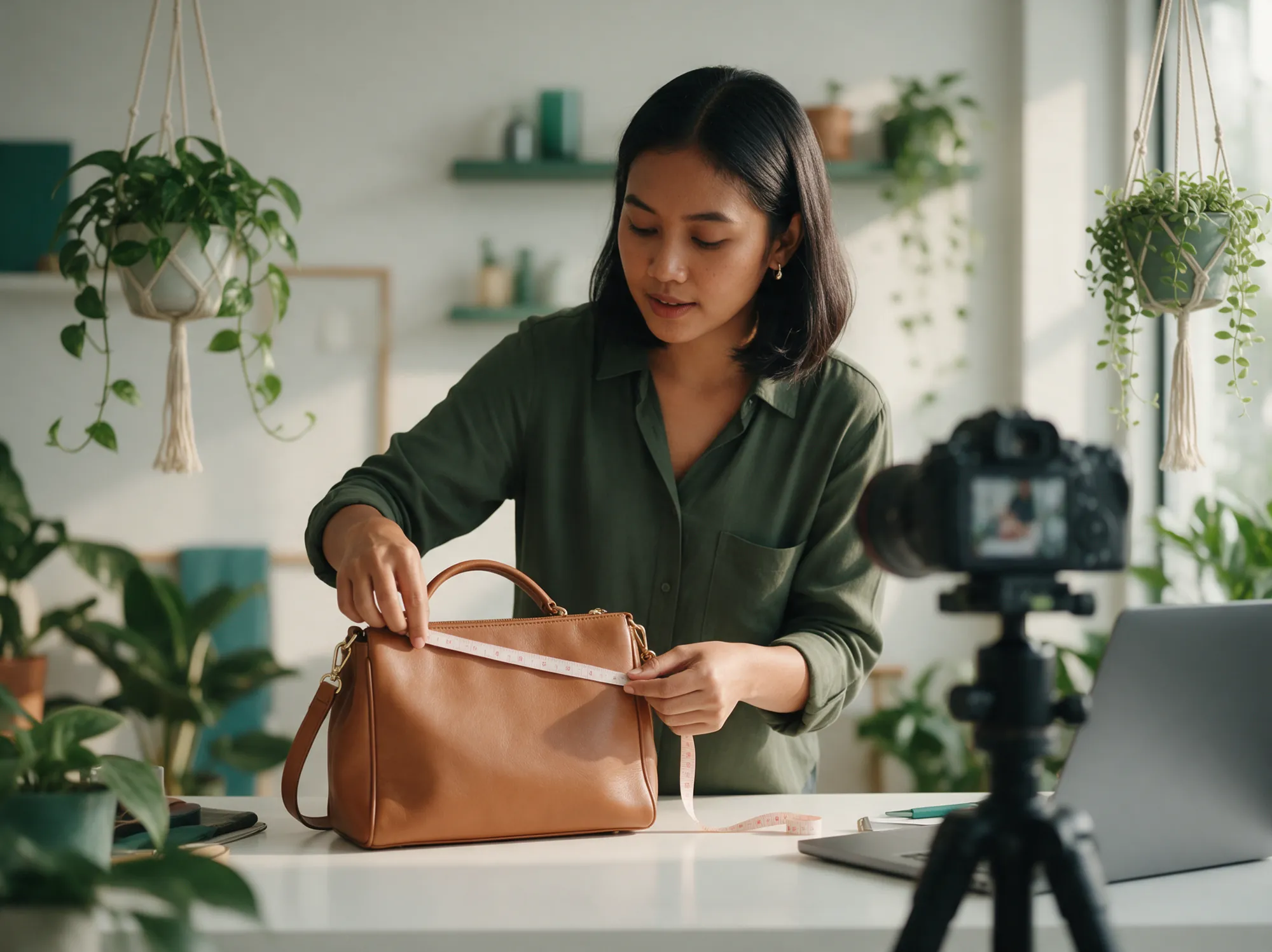 Catalog specialist measuring a handbag for a product listing
