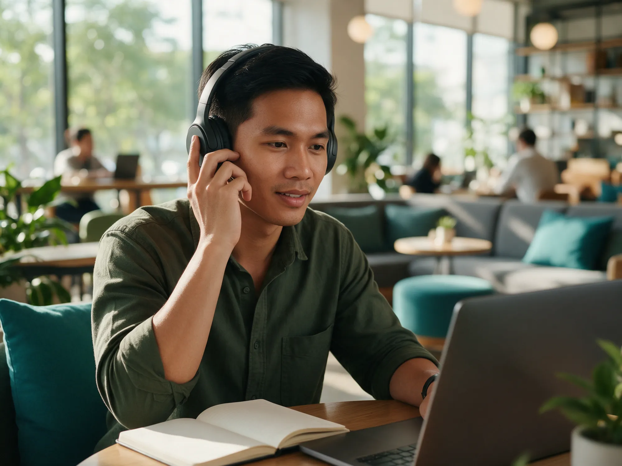 Marketplace specialist on a call in a bright co-working space