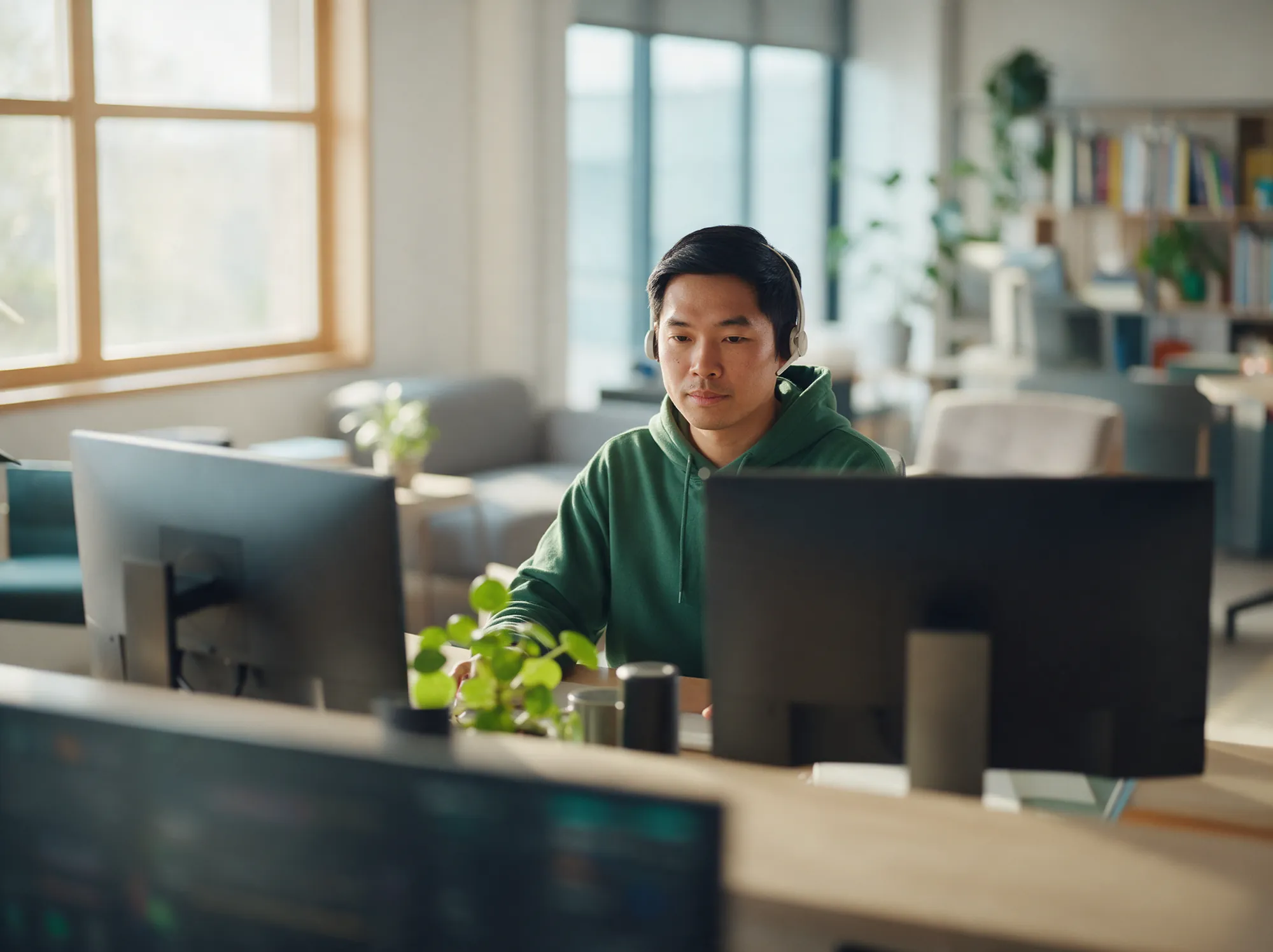 Operations engineer with a headset watching store monitoring at a bright desk