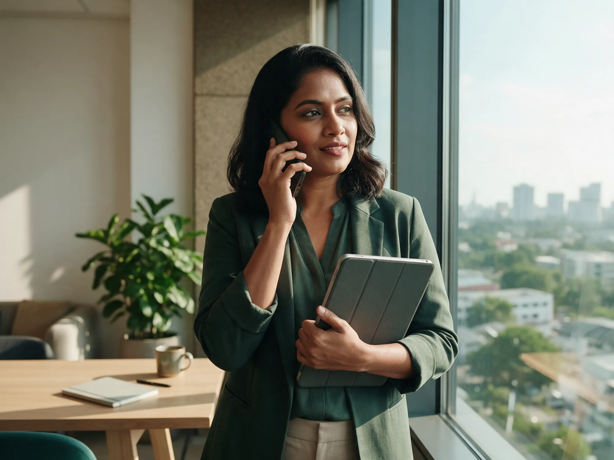 Support lead taking a client call by an office window