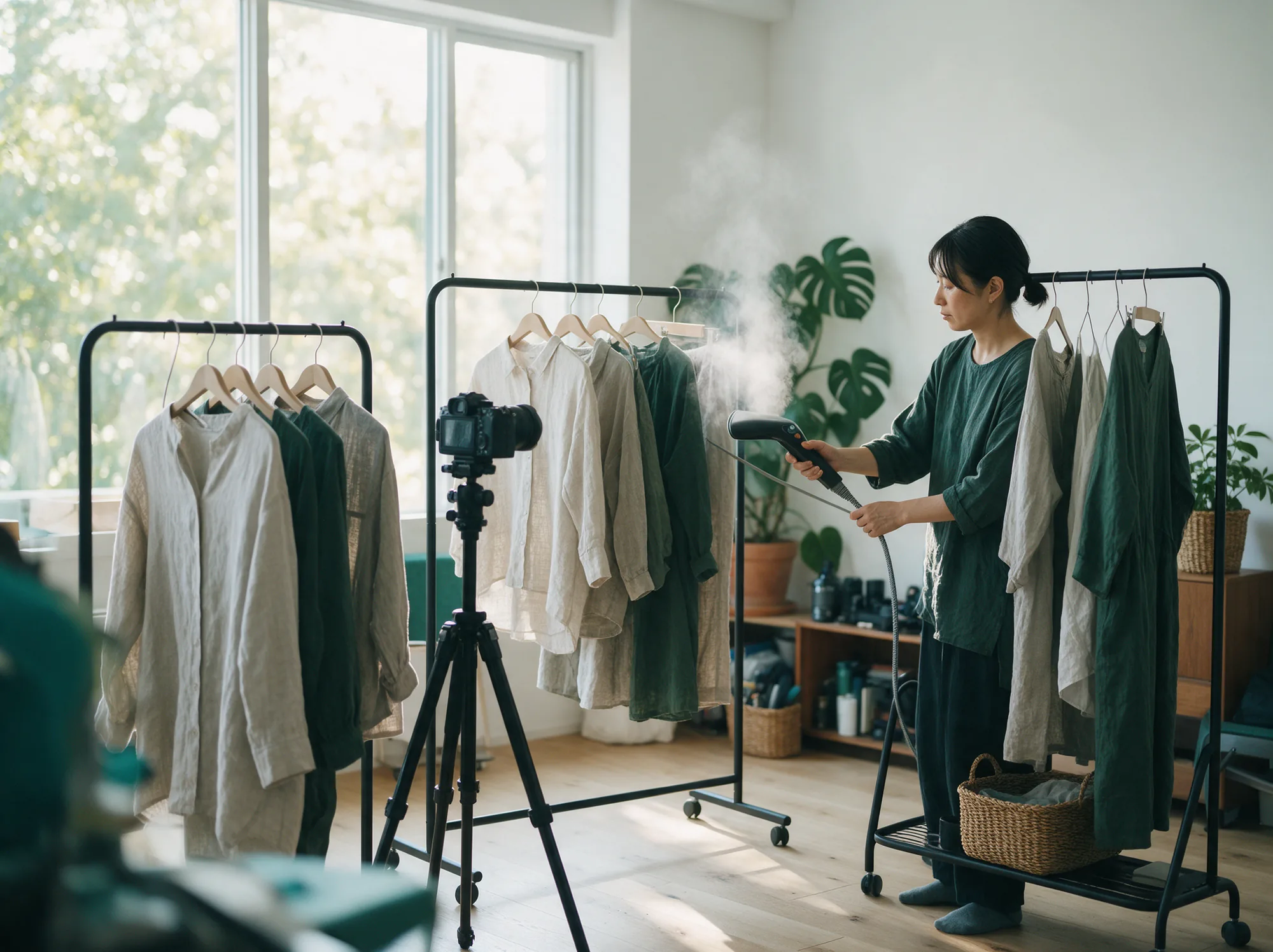 Stylist preparing garments on a rail for catalog photography in a bright studio