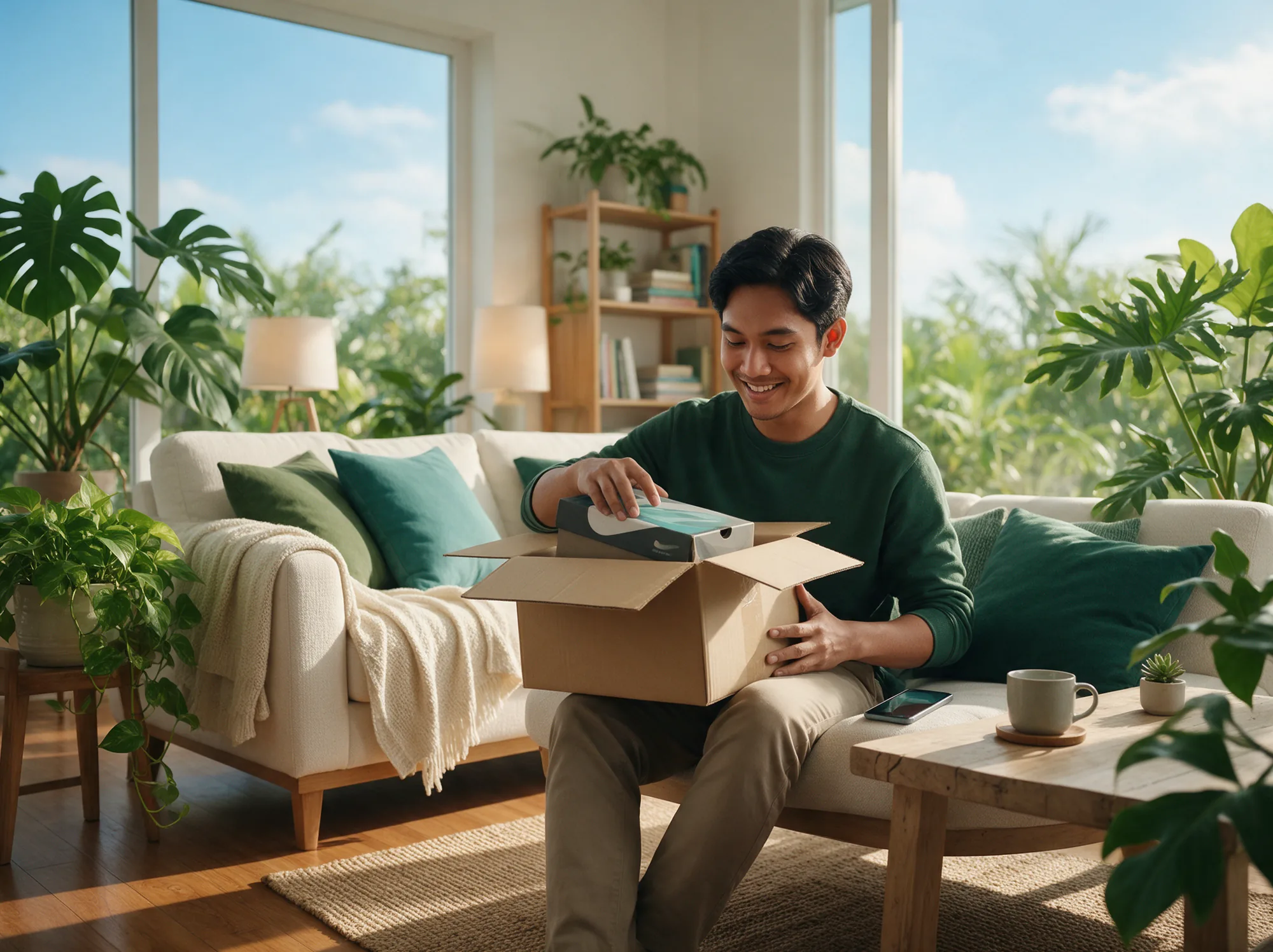 Young man opening a delivered online order at home