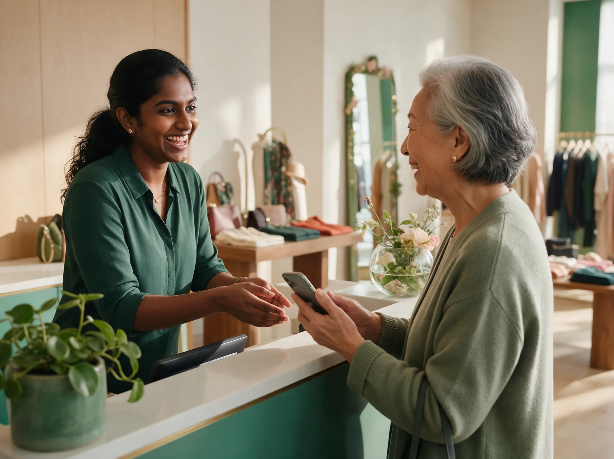 Sales associate greeting a returning customer at a boutique counter