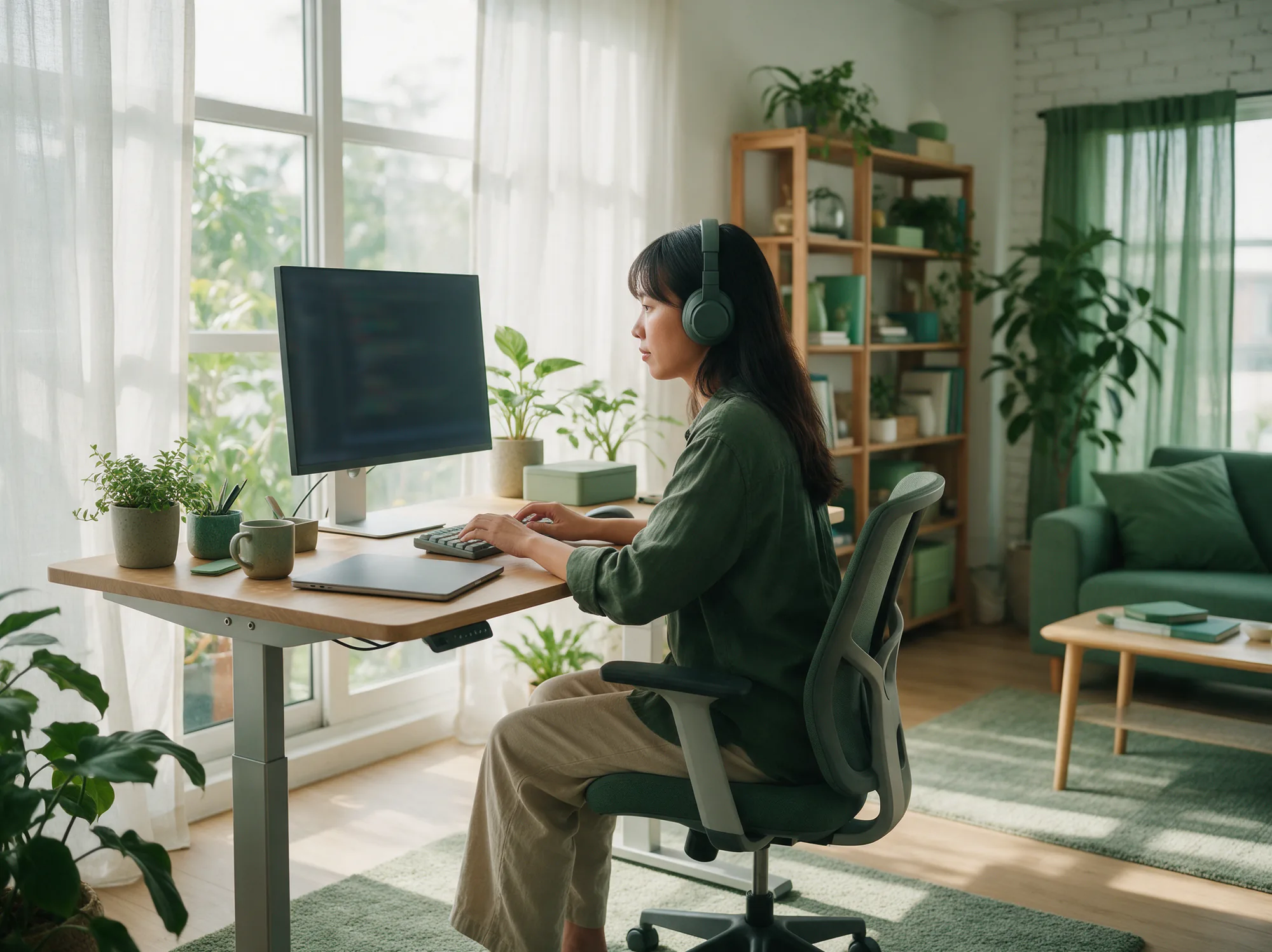 Developer with headphones coding at a standing desk in a bright office