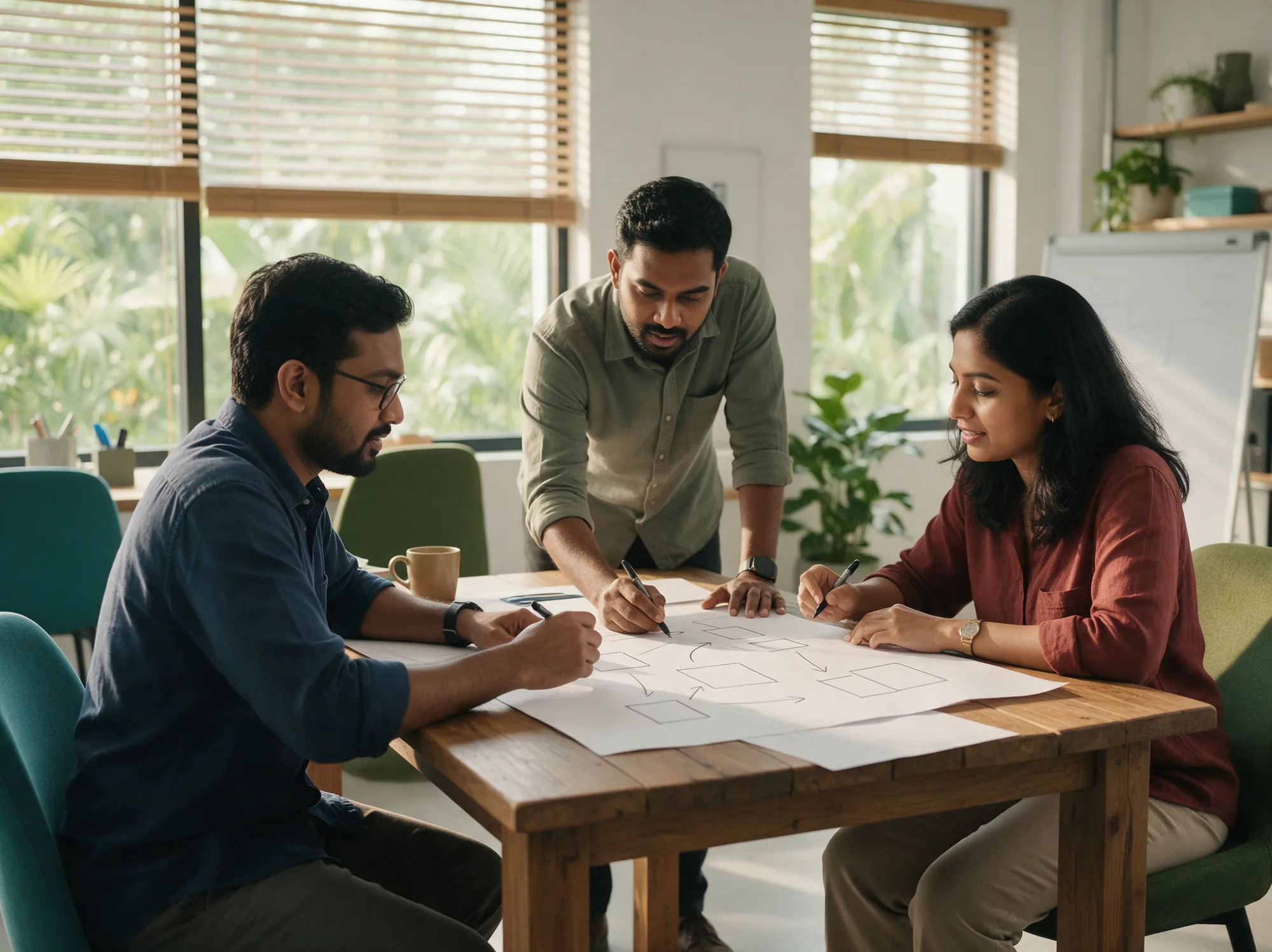 Engineers discussing system architecture sketches around a table