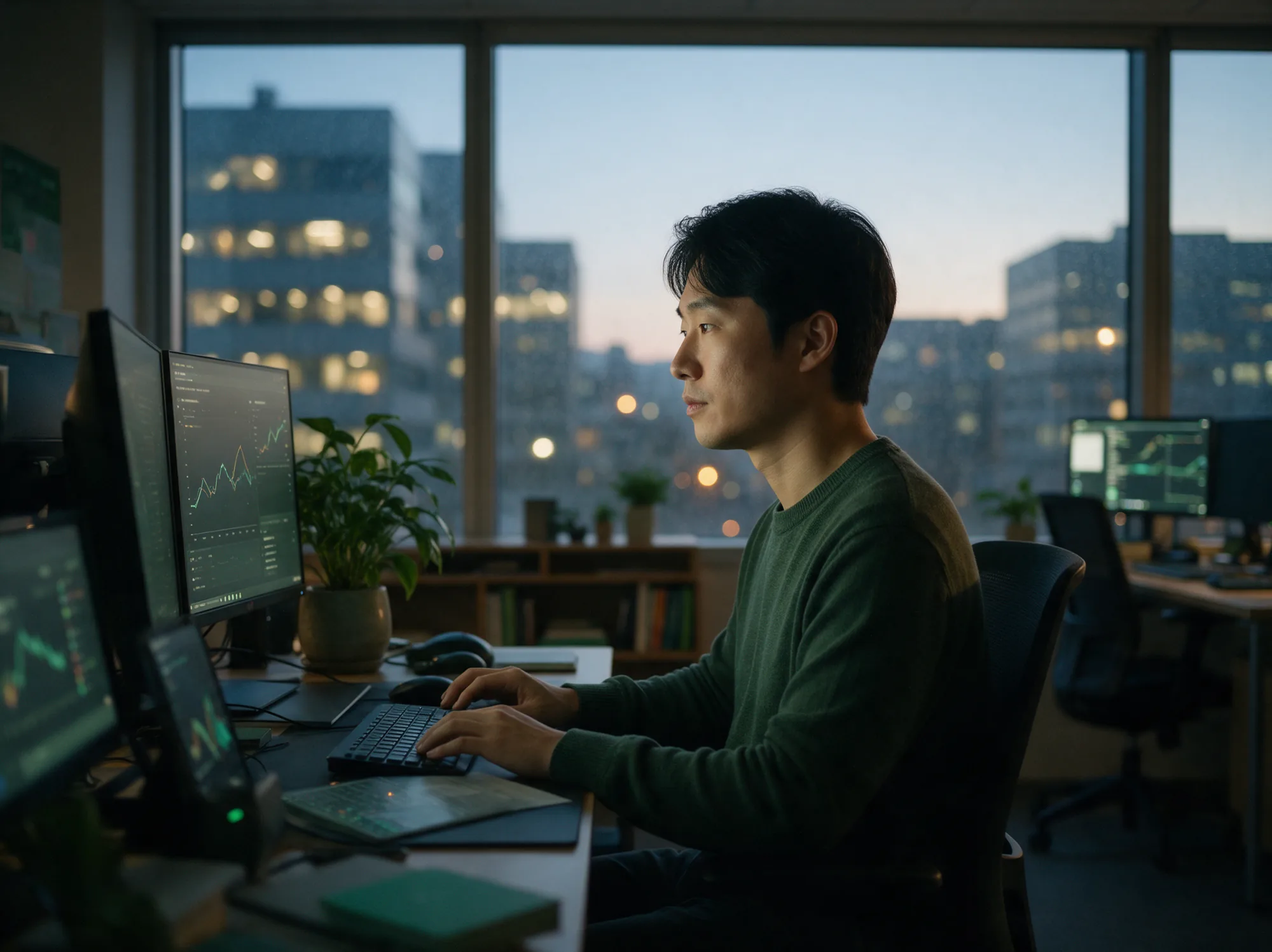 Site reliability engineer monitoring systems at a multi-screen desk