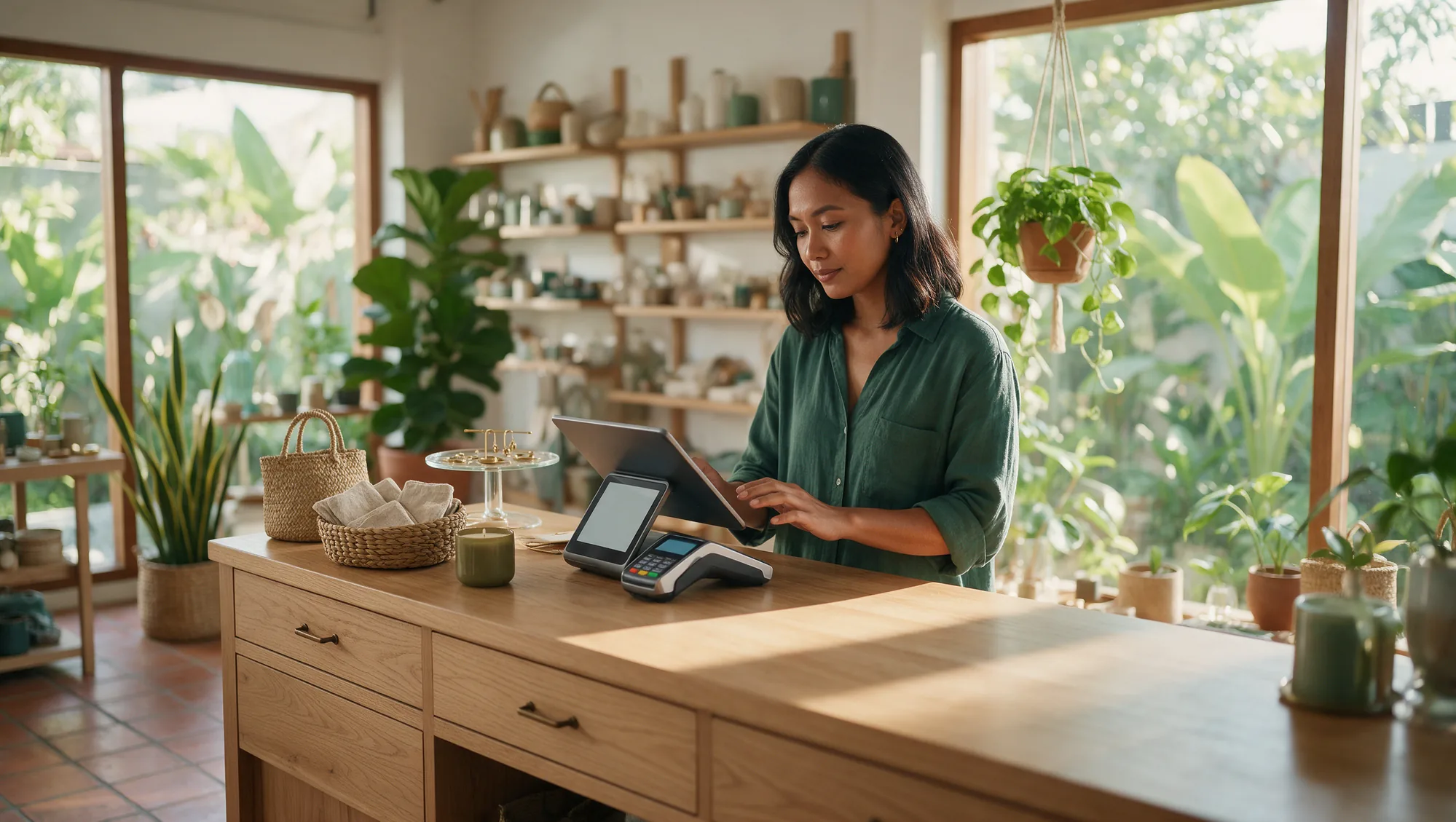 Boutique owner checking synced stock on a tablet beside her payment terminal