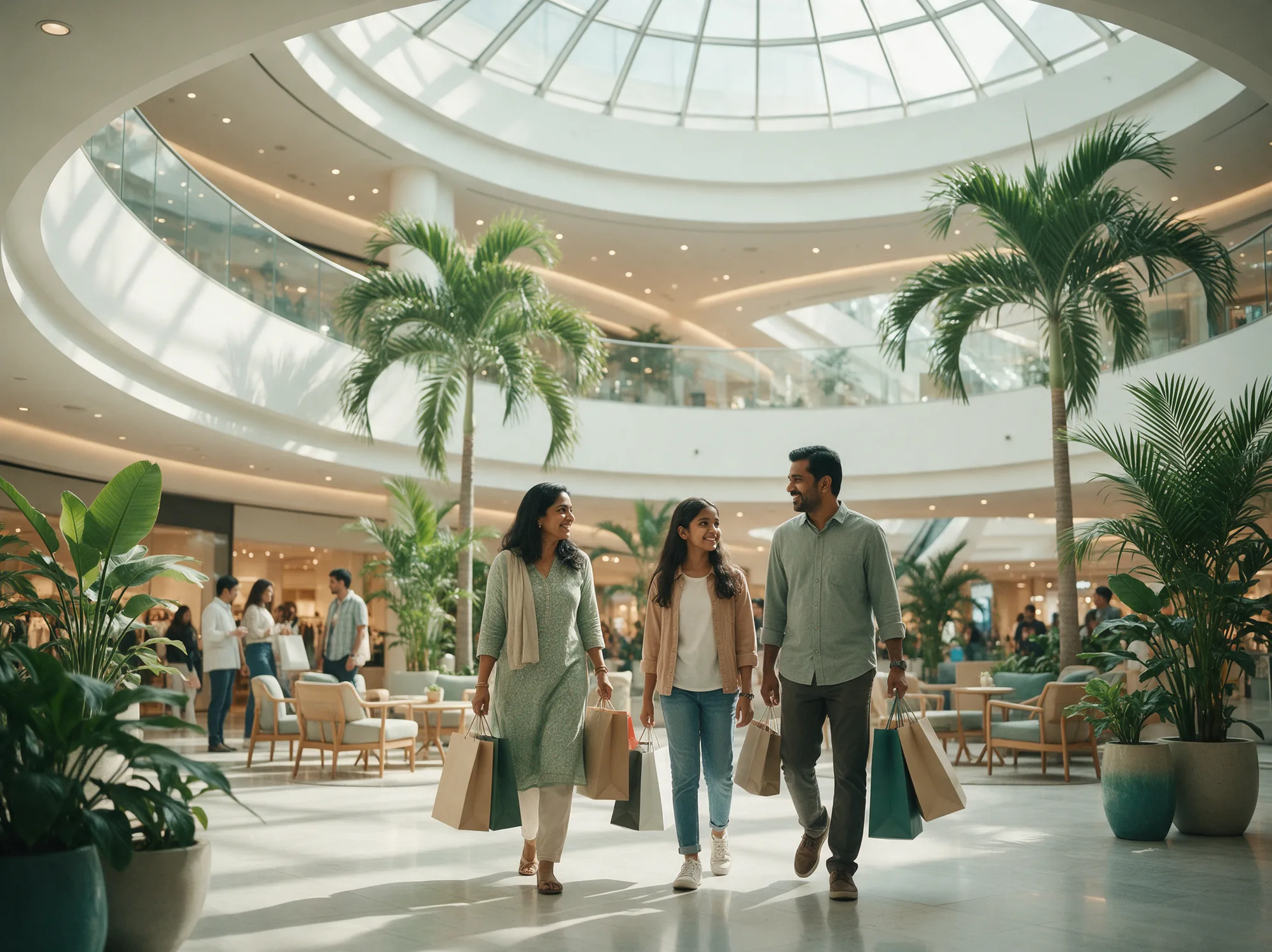 Visitors carrying shopping bags in a modern department store