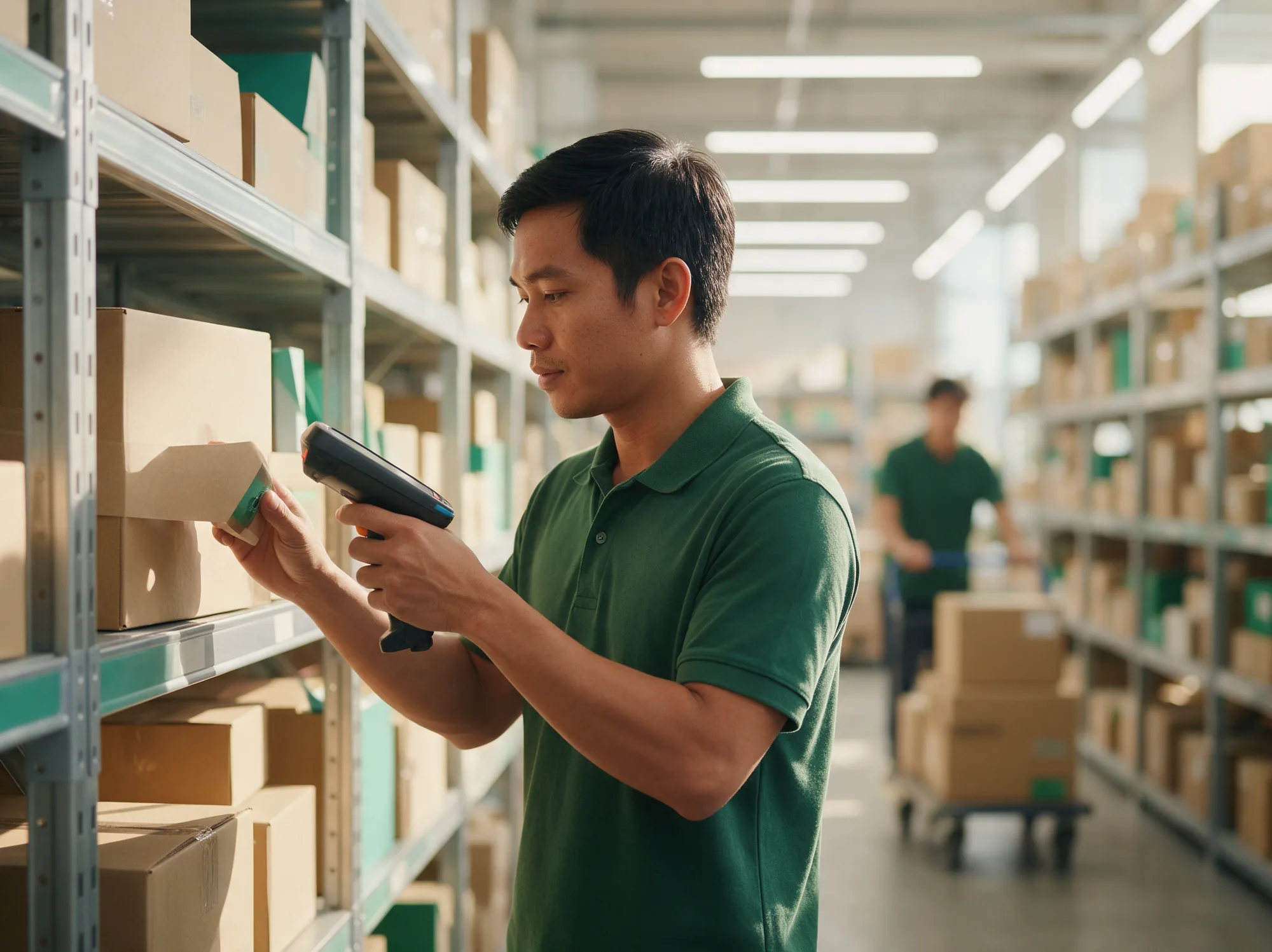 Warehouse picker scanning a parcel in a fulfilment aisle